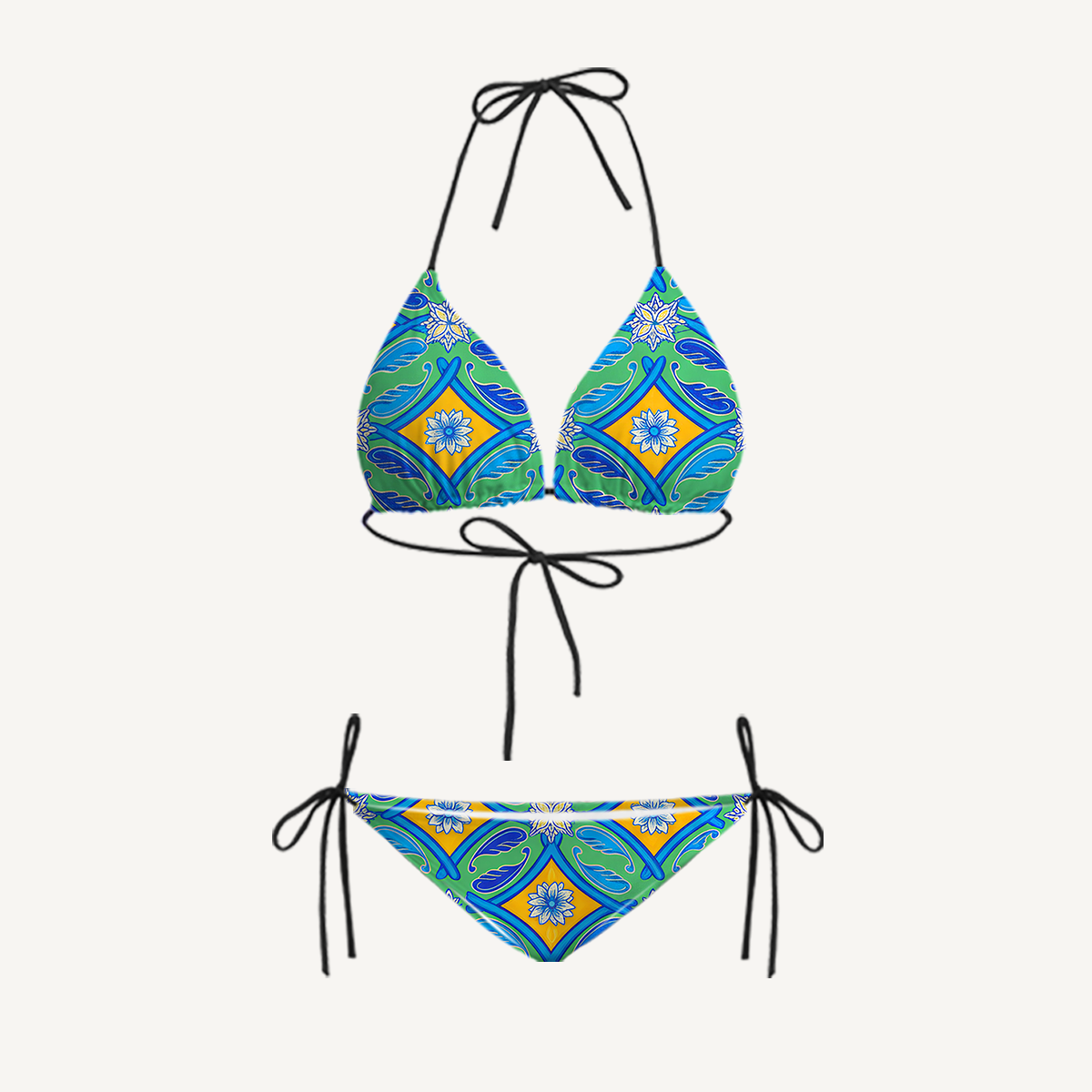 Azure Tile Tie Side Bikini Set with Matching Pants