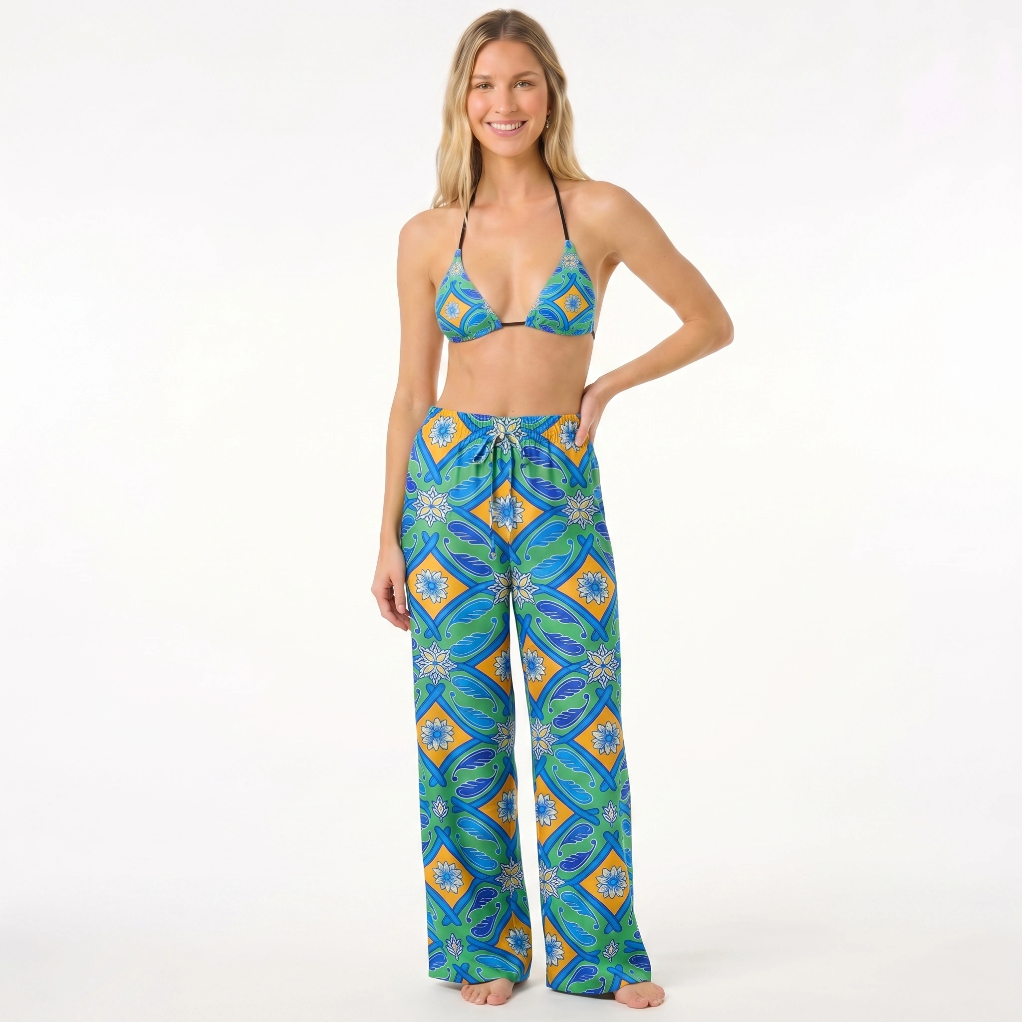 Azure Tile Tie Side Bikini Set with Matching Pants