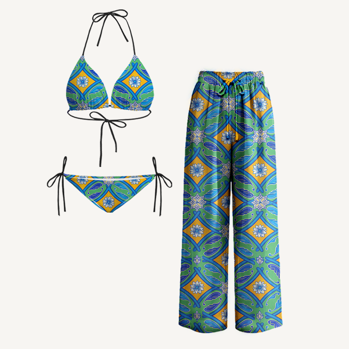 Azure Tile Tie Side Bikini Set with Matching Pants