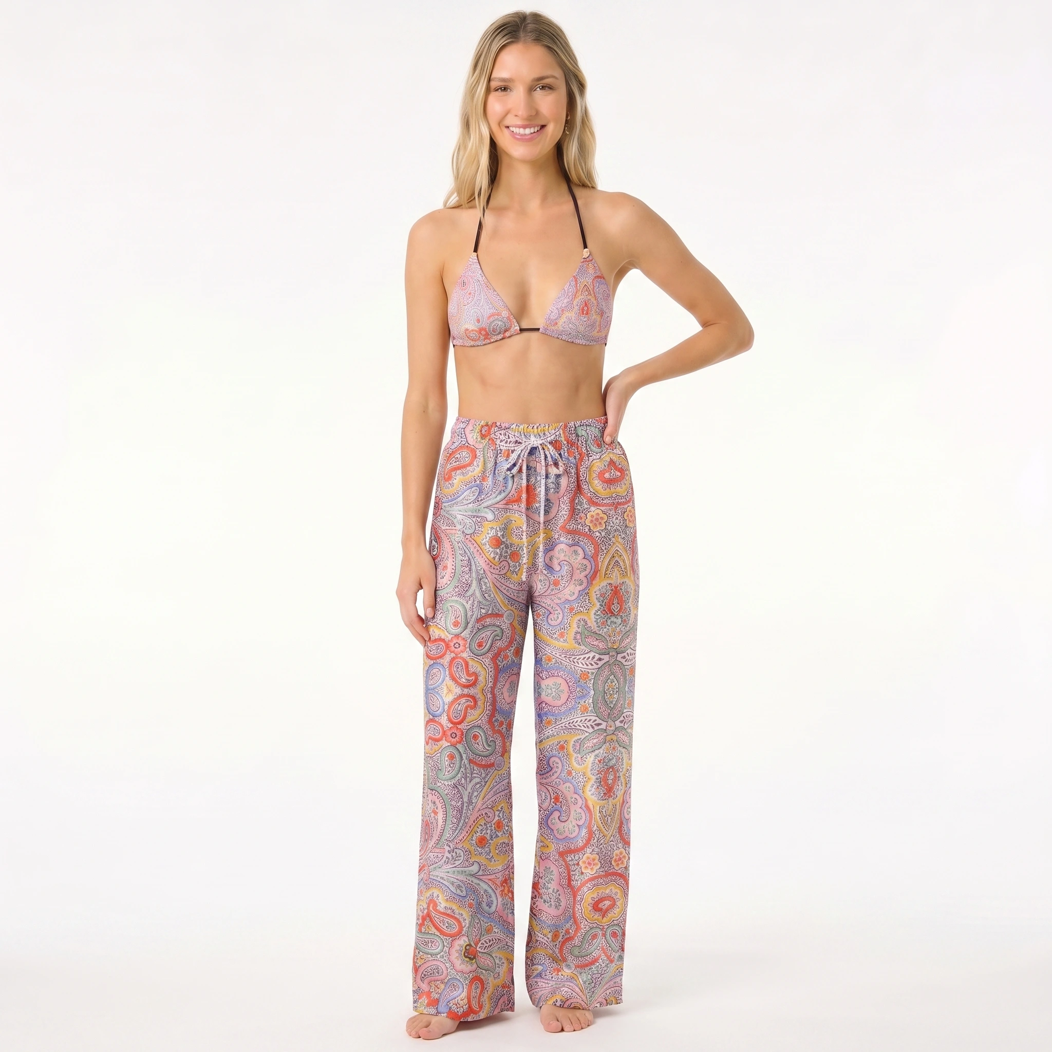 Sunrise Paisley Tie Side Bikini Set with Matching Pants