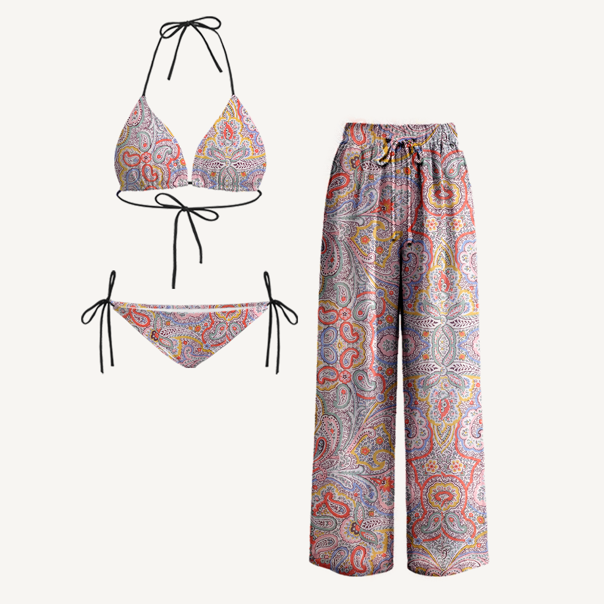Sunrise Paisley Tie Side Bikini Set with Matching Pants
