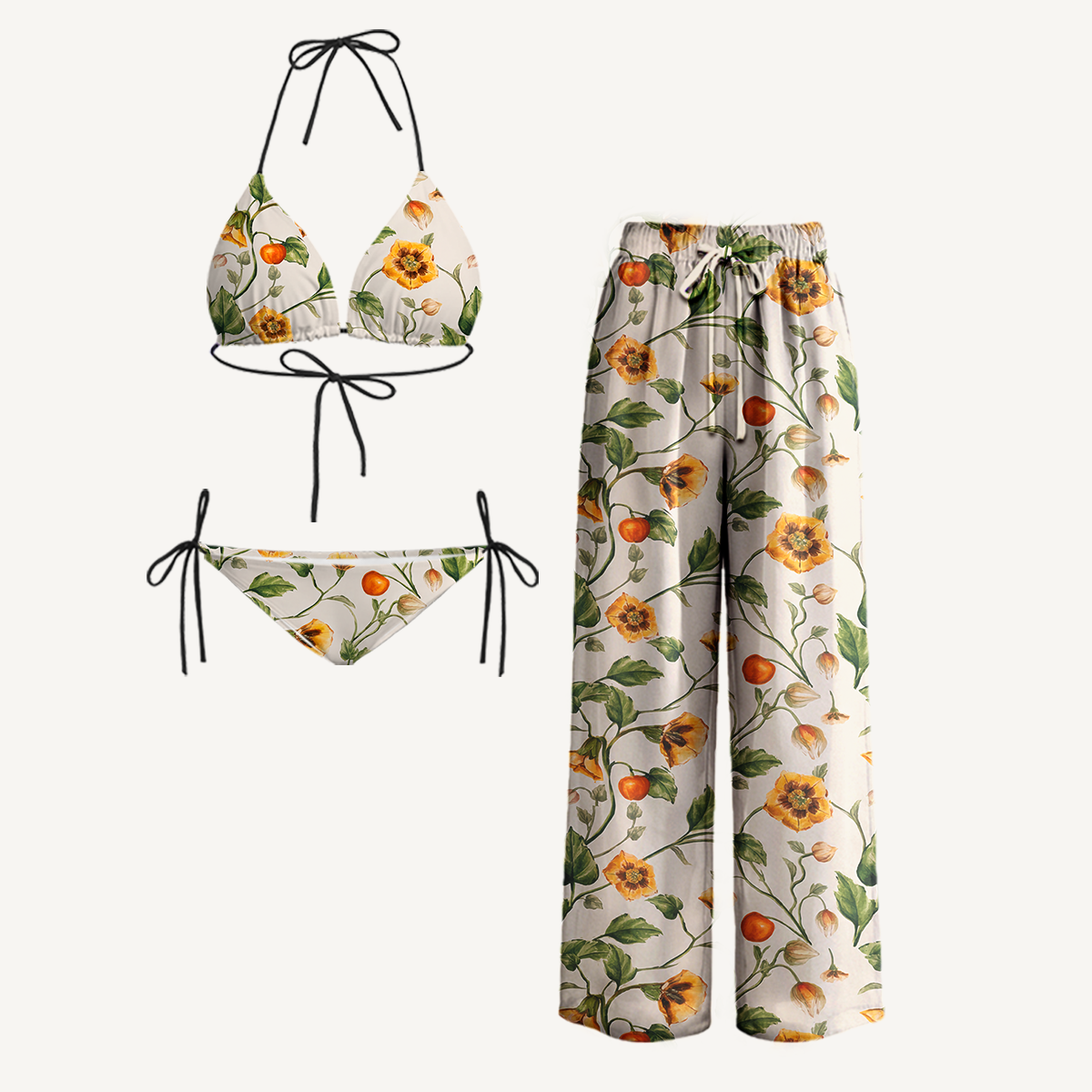 Golden Field Tie Side Bikini Set with Matching Pants