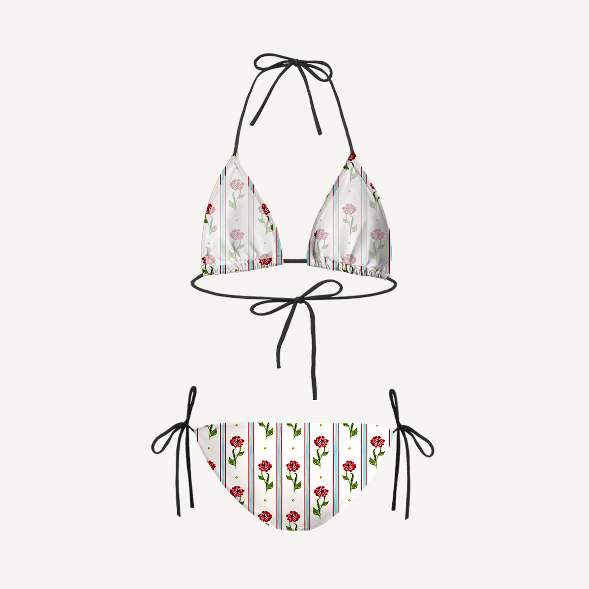 Crimson Dianthus Tie Side Bikini Set with Matching Pants