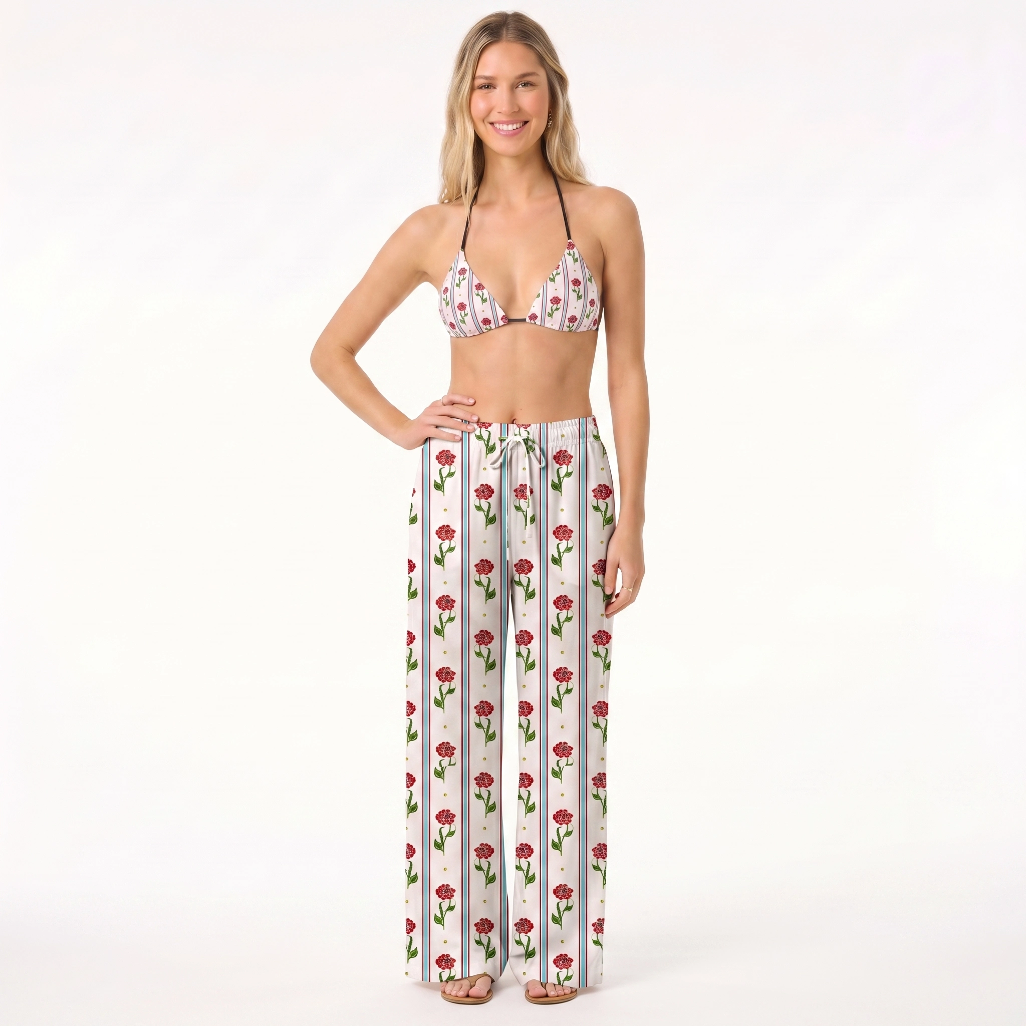 Crimson Dianthus Tie Side Bikini Set with Matching Pants