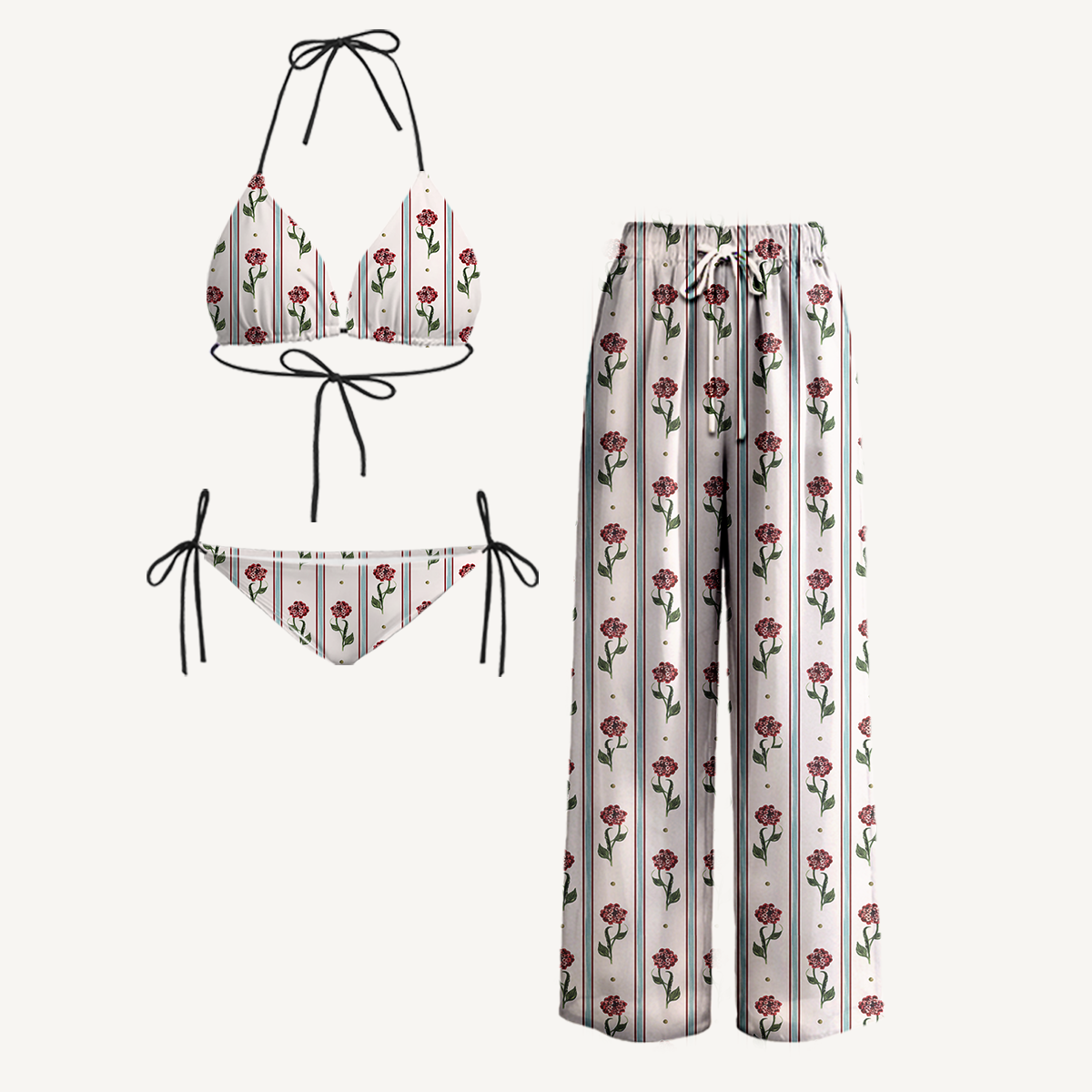 Crimson Dianthus Tie Side Bikini Set with Matching Pants