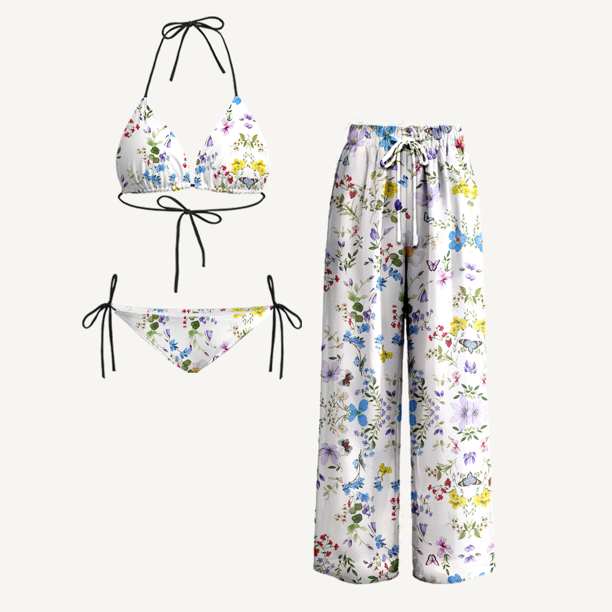 Butterfly Trail Tie Side Bikini Set with Matching Pants