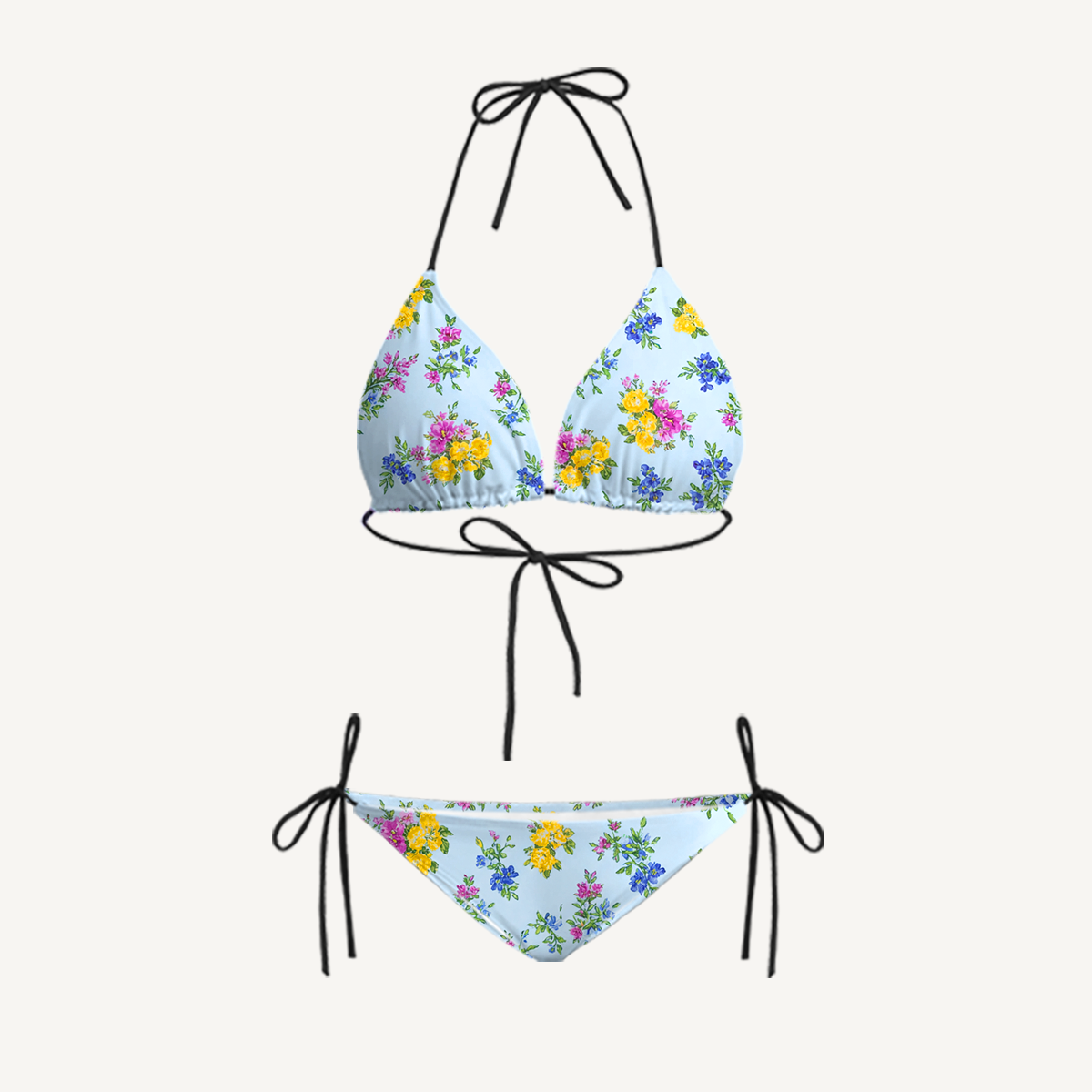 Blue Meadow Tie Side Bikini Set with Matching Pants