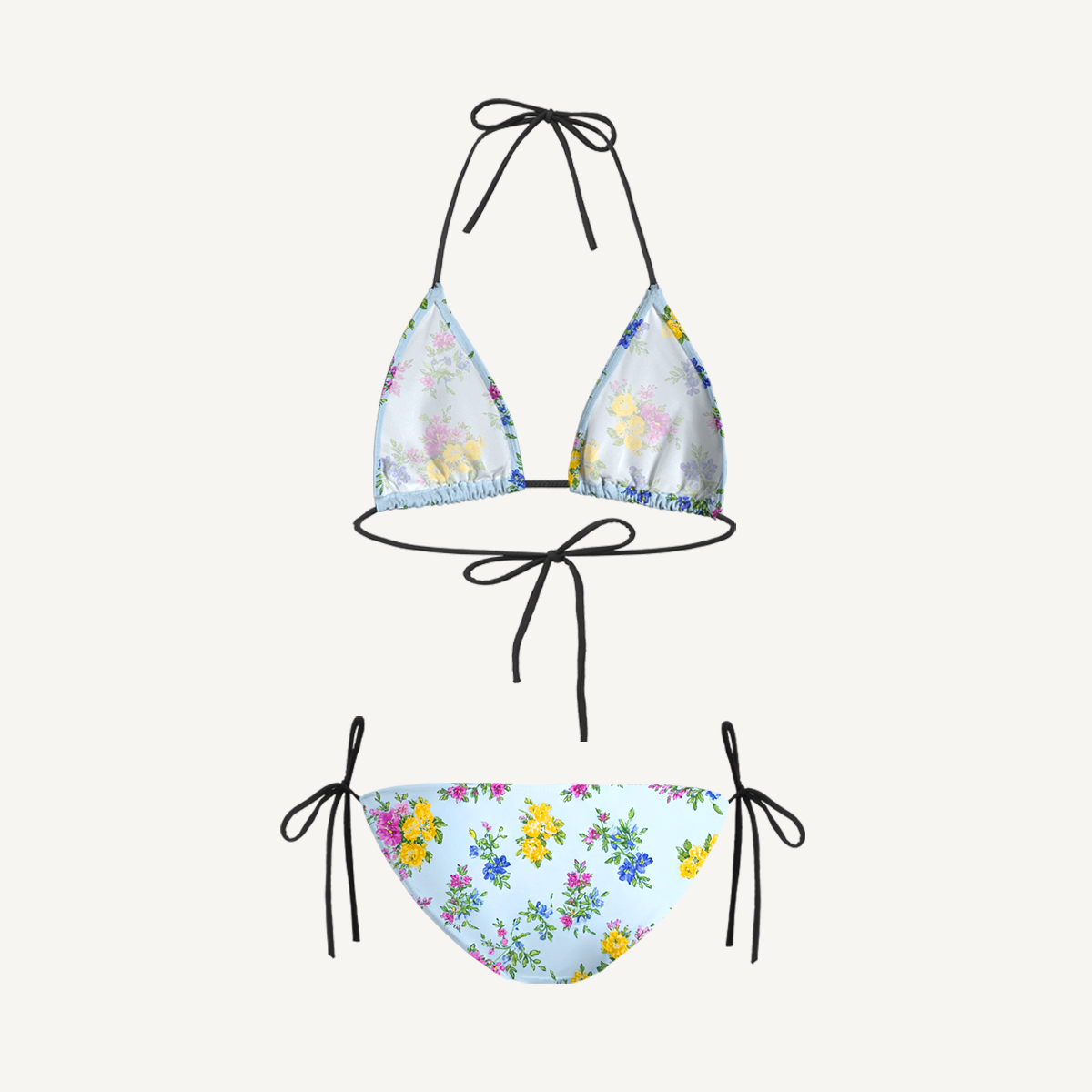 Blue Meadow Tie Side Bikini Set with Matching Pants