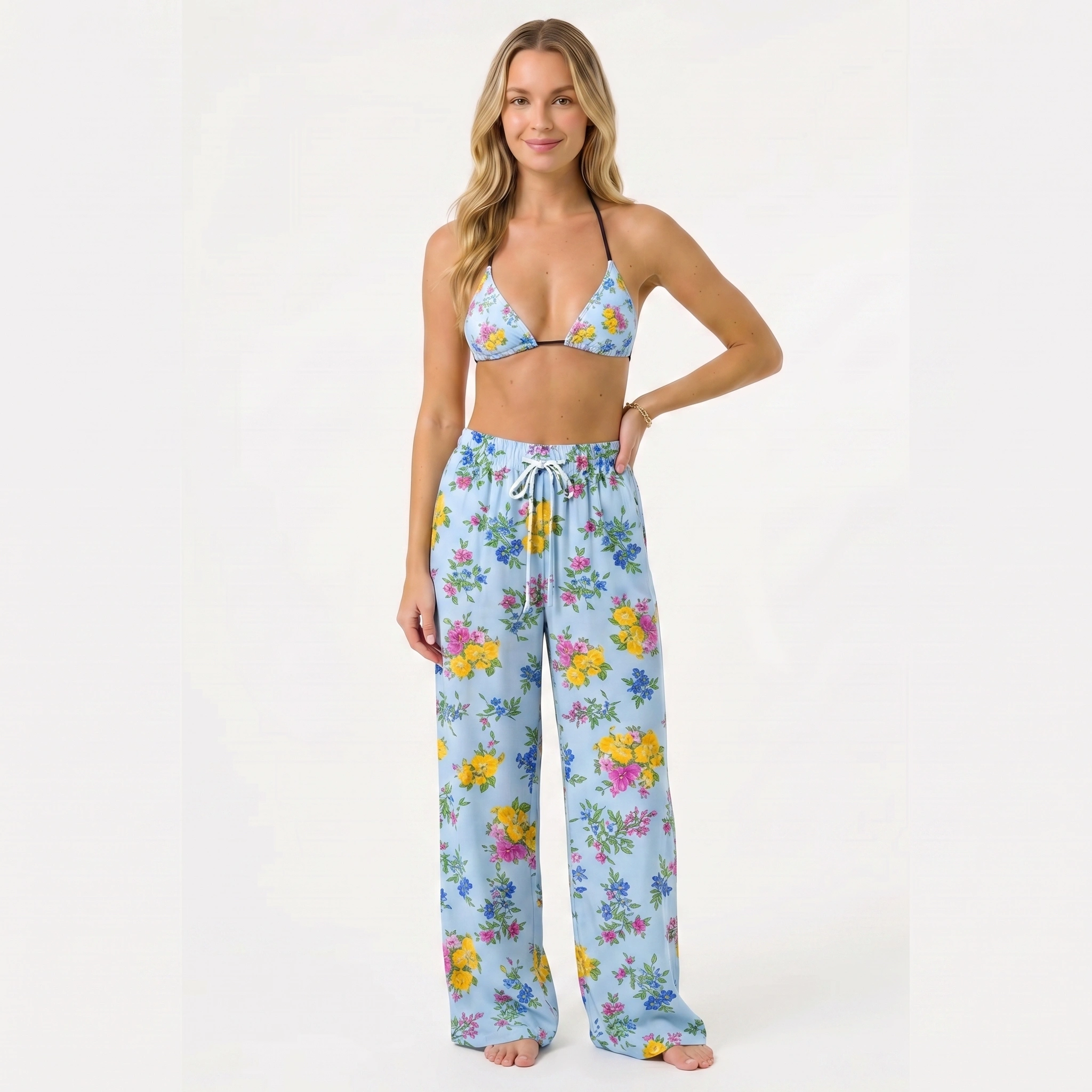 Blue Meadow Tie Side Bikini Set with Matching Pants