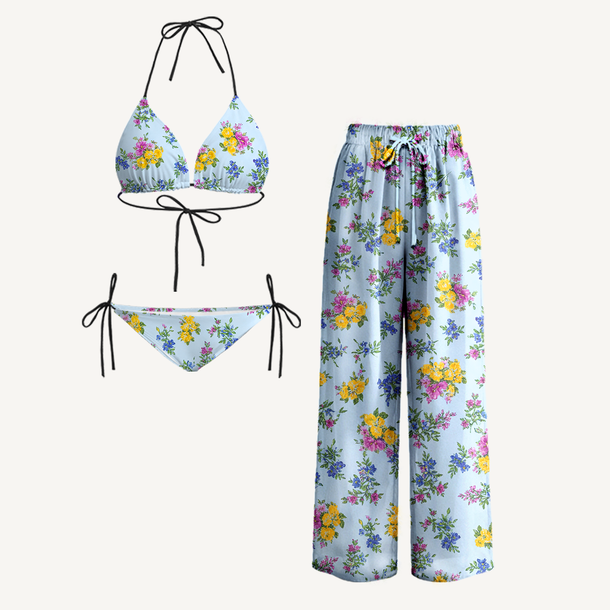 Blue Meadow Tie Side Bikini Set with Matching Pants