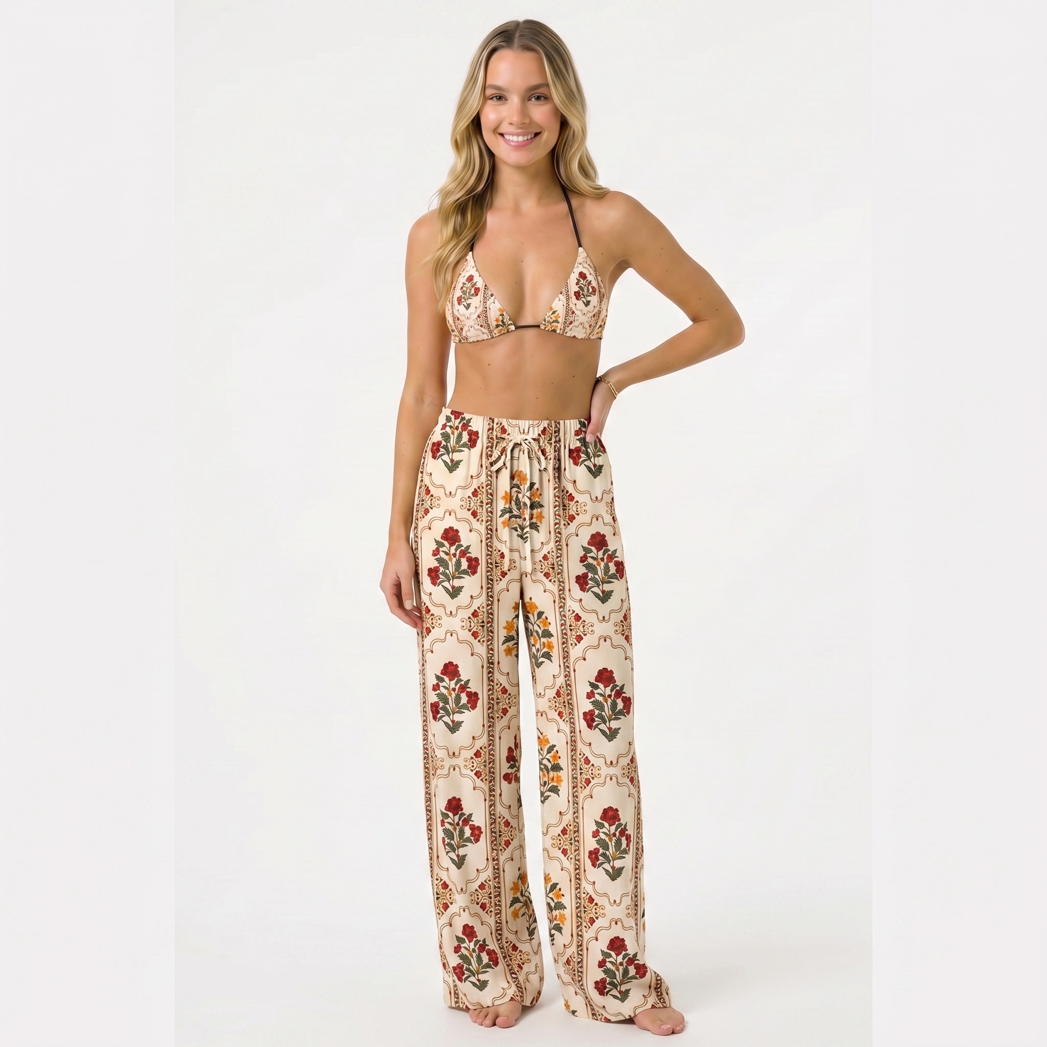 Velvet Carnation Tie Side Bikini Set with Matching Pants