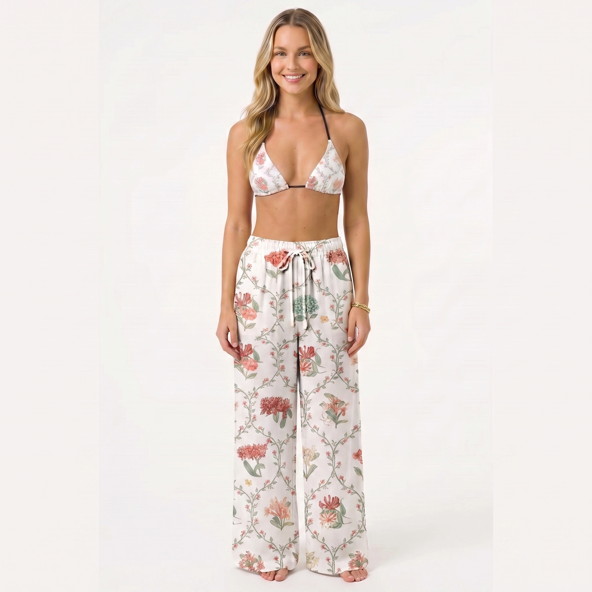Coral Vine Tie Side Bikini Set with Matching Pants