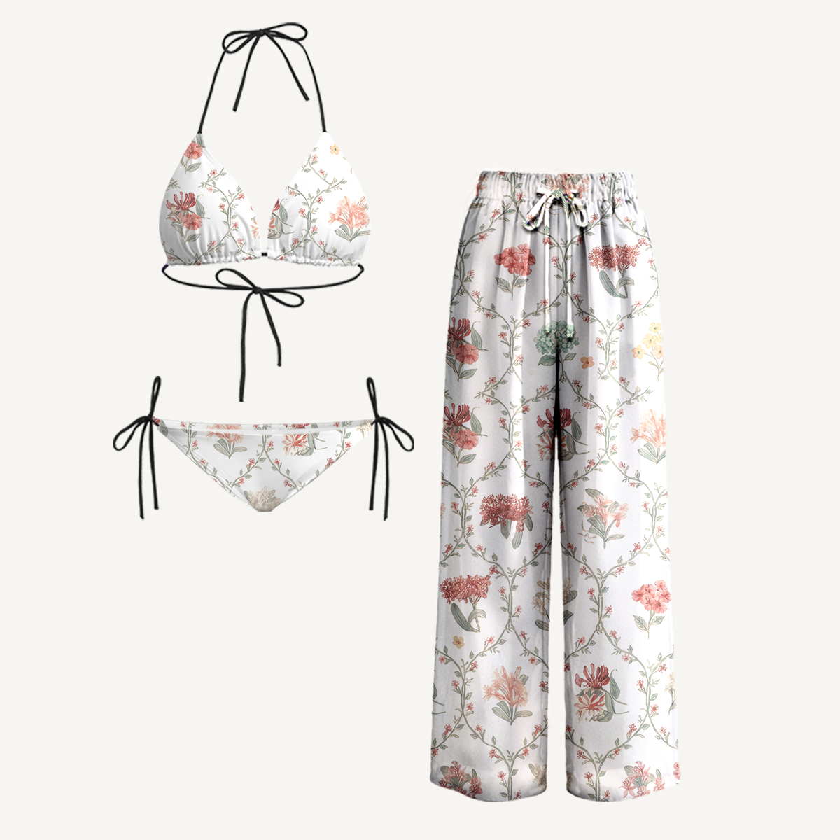 Coral Vine Tie Side Bikini Set with Matching Pants