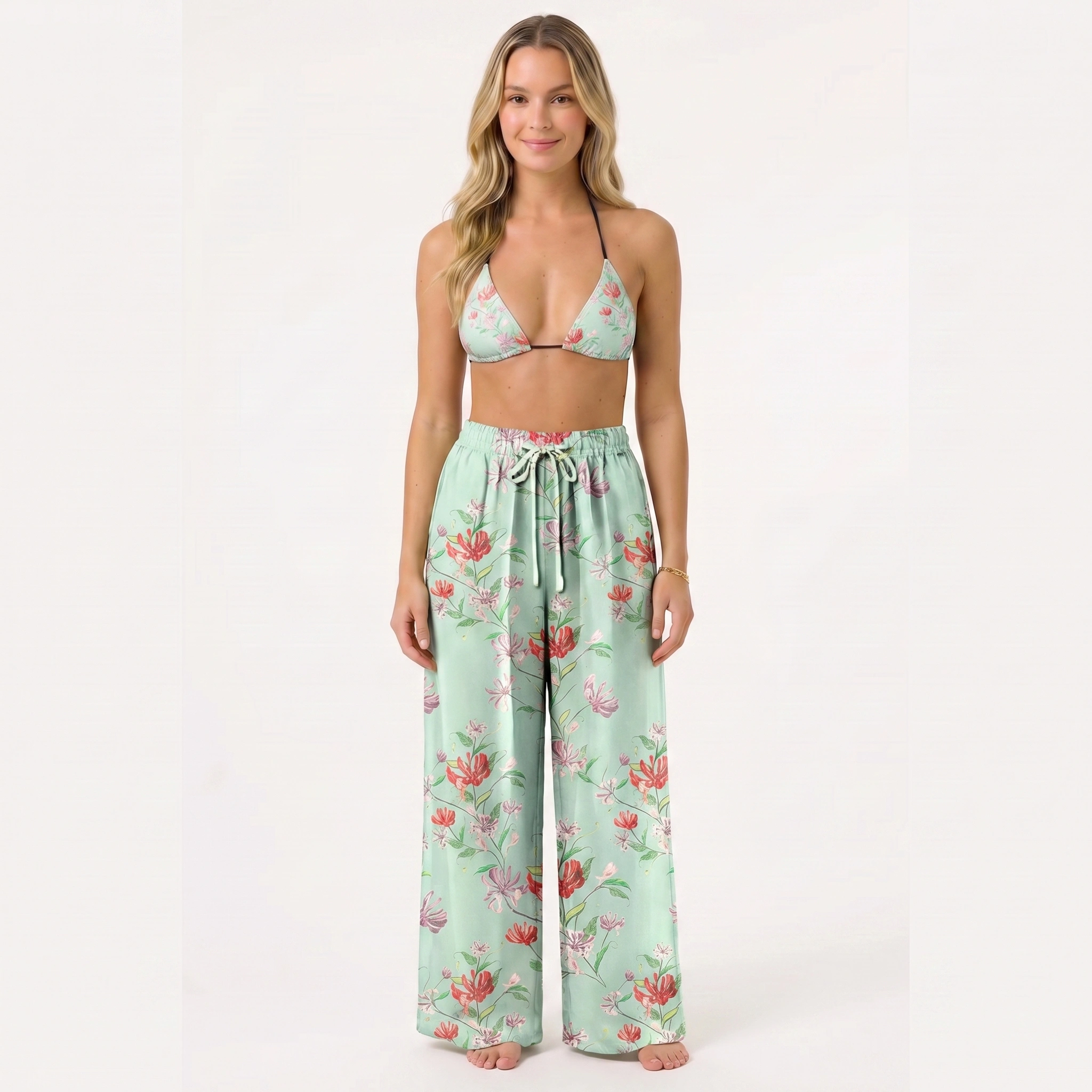Mint Honeysuckle Tie Side Bikini Set with Matching Pants