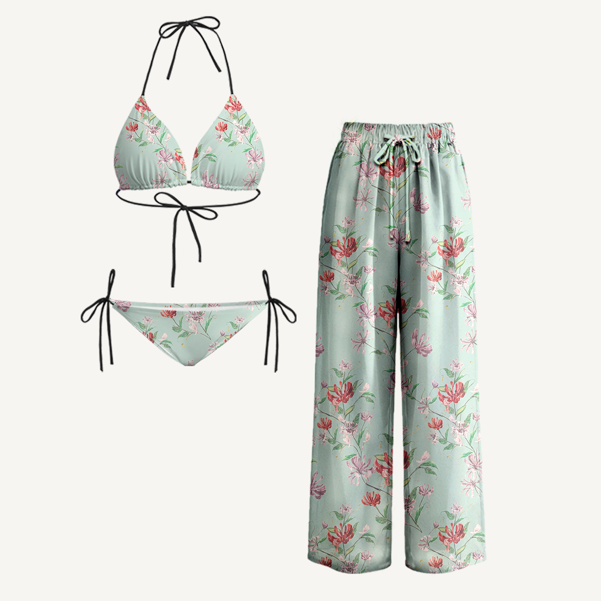 Mint Honeysuckle Tie Side Bikini Set with Matching Pants