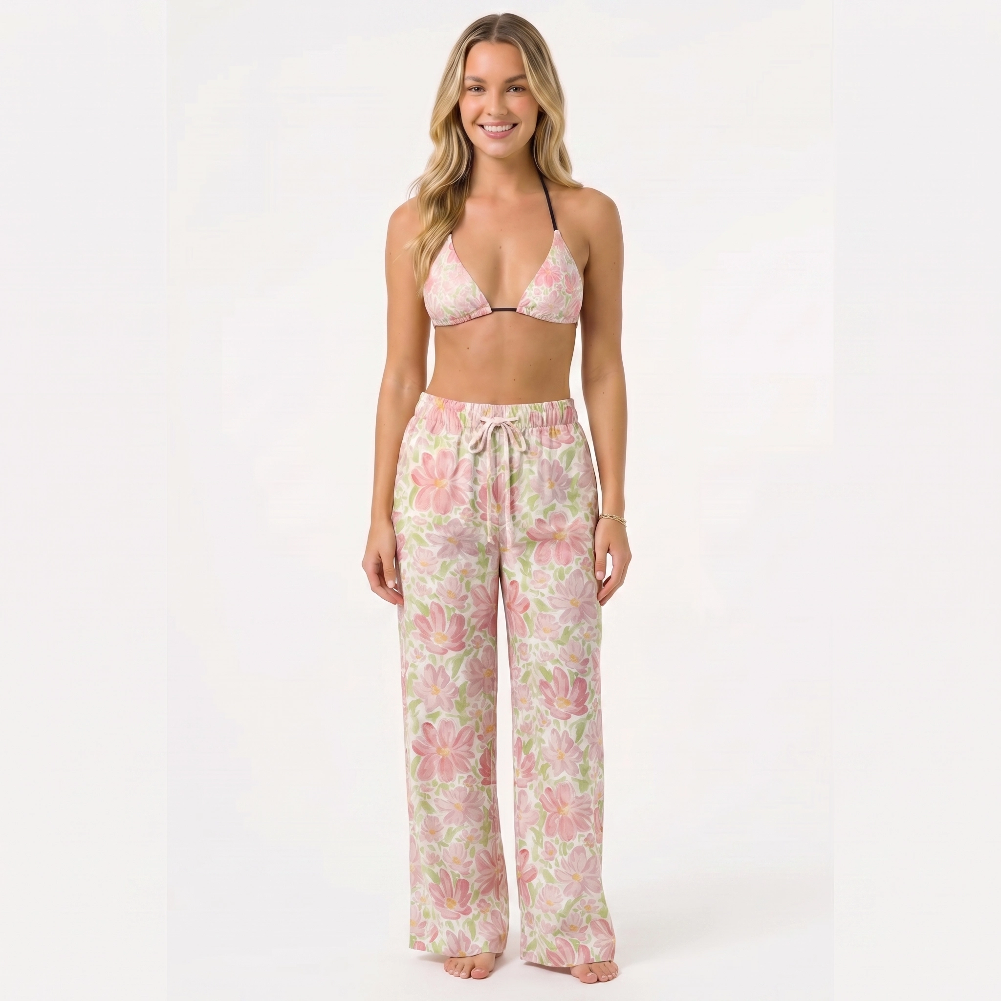 Cosmos Flower Tie Side Bikini Set with Matching Pants