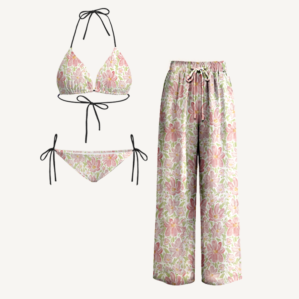 Cosmos Flower Tie Side Bikini Set with Matching Pants