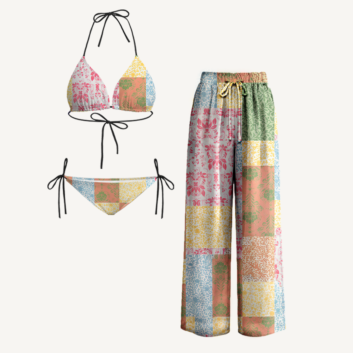 Morning Patch Tie Side Bikini Set with Matching Pants