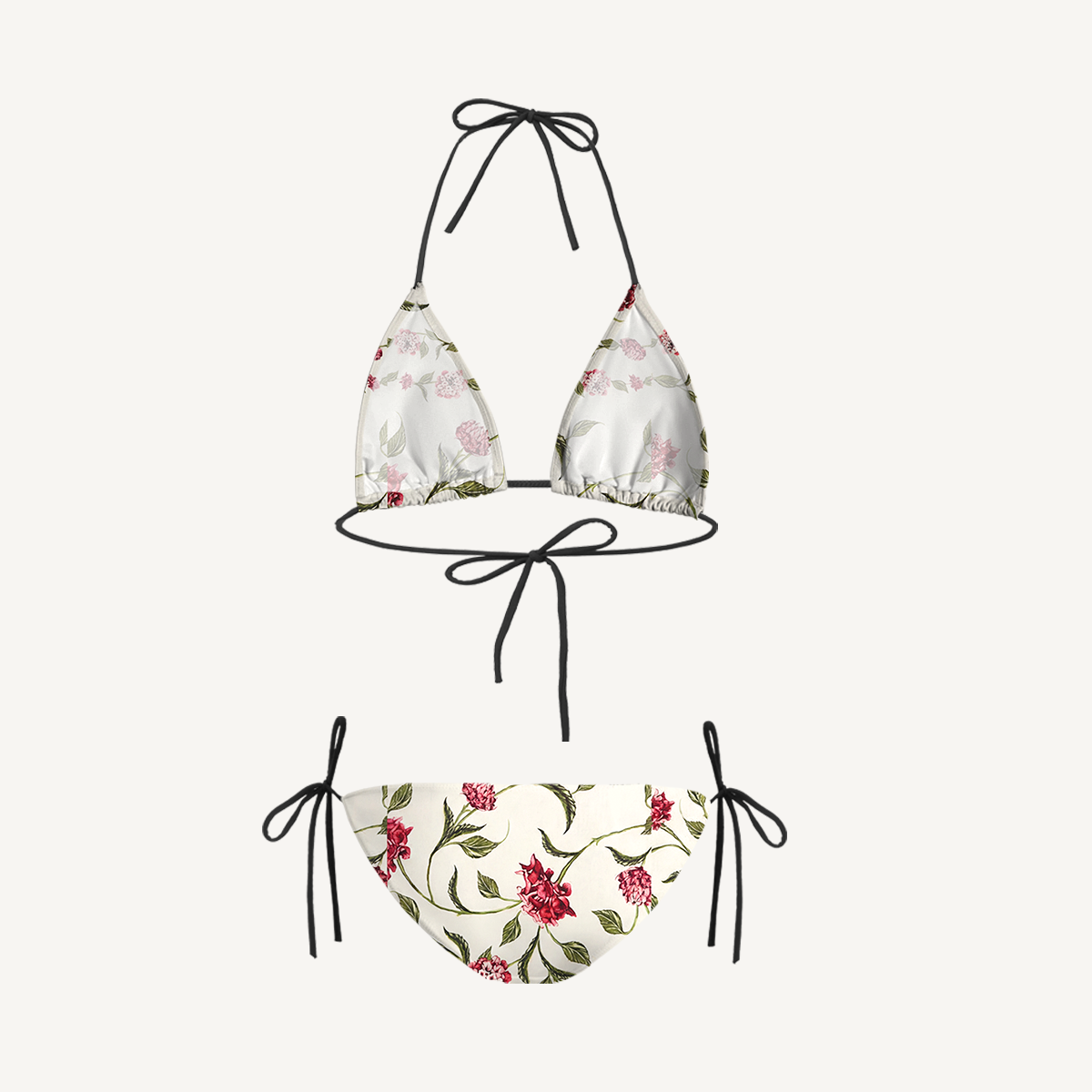 Red Floral Tie Side Bikini Set with Matching Pants