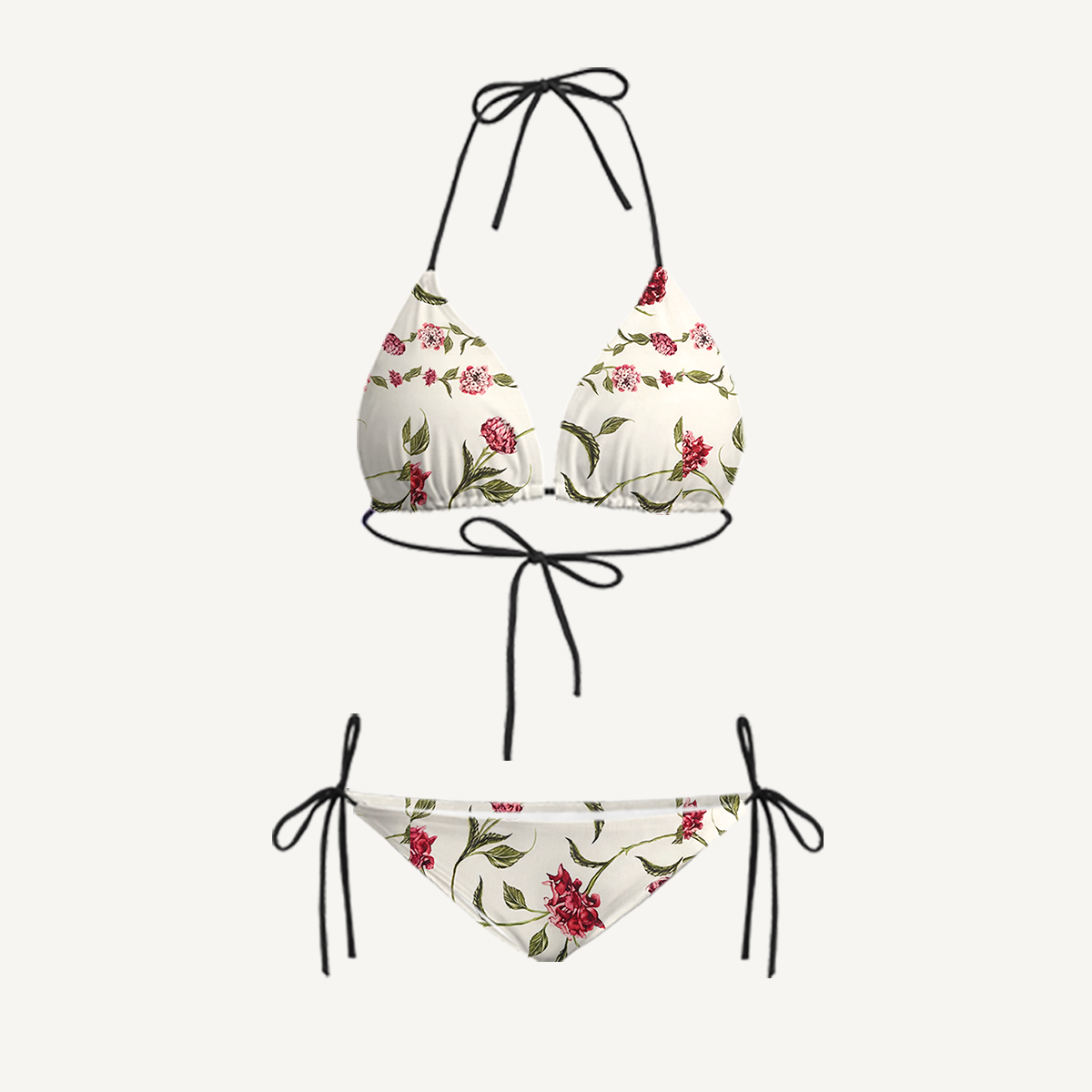 Red Floral Tie Side Bikini Set with Matching Pants