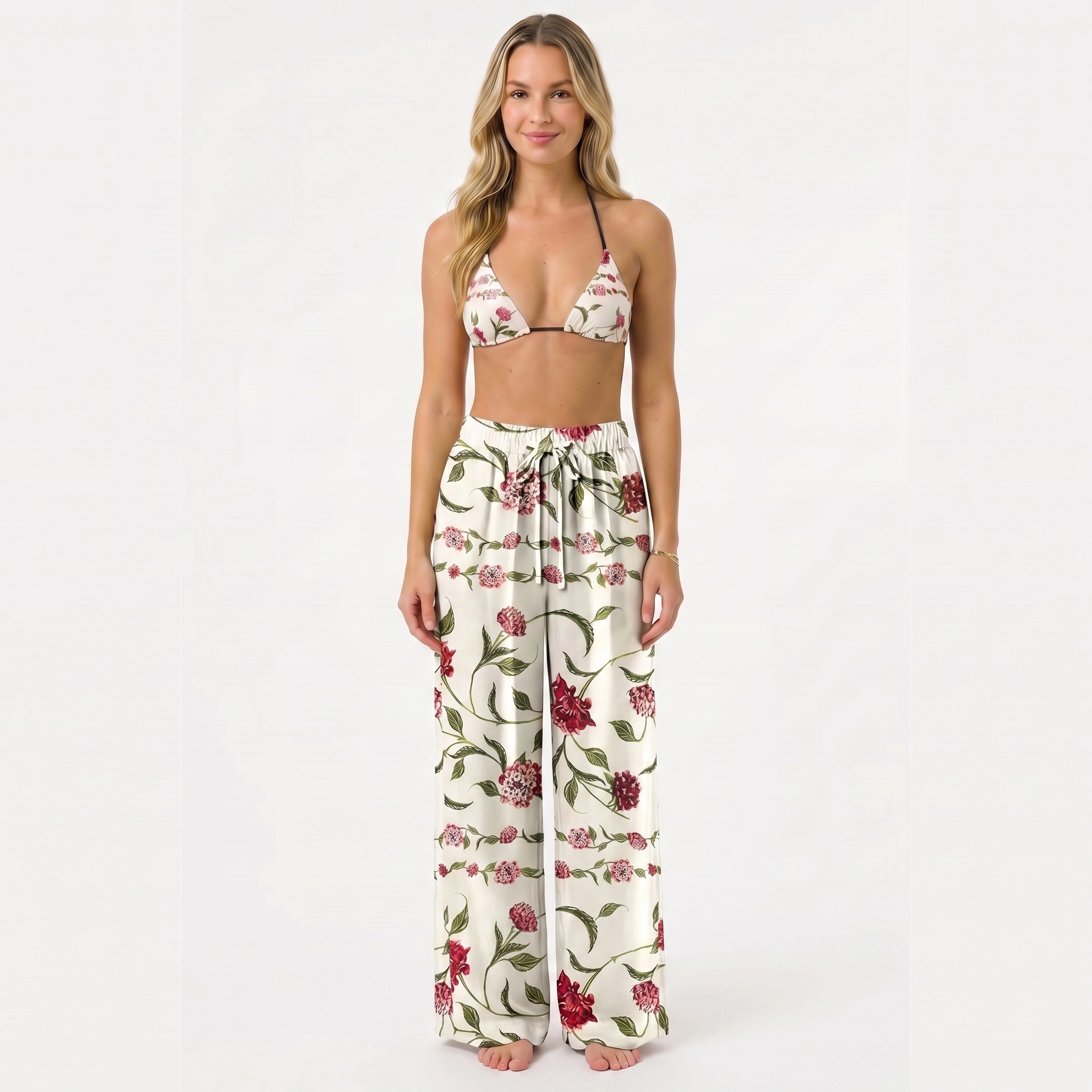 Red Floral Tie Side Bikini Set with Matching Pants