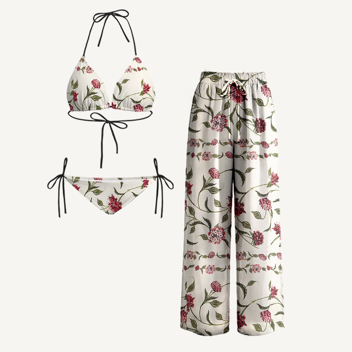 Red Floral Tie Side Bikini Set with Matching Pants