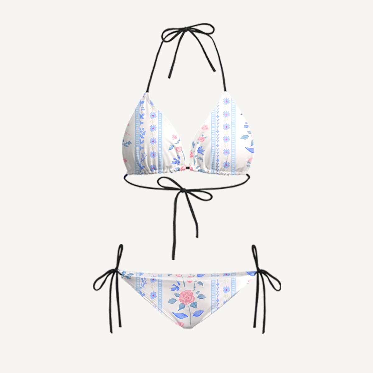 Blue Rose Tie Side Bikini Set with Matching Pants