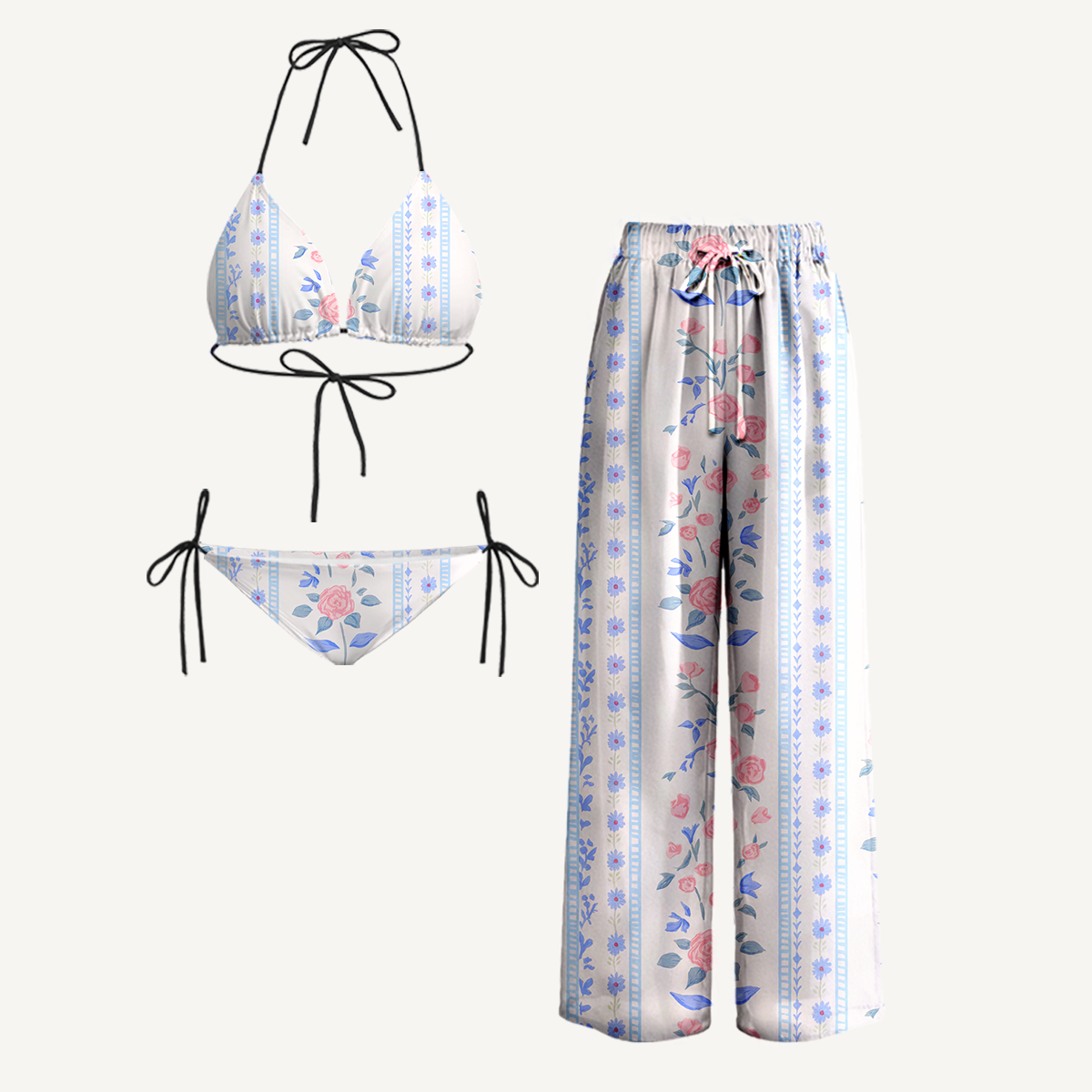 Blue Rose Tie Side Bikini Set with Matching Pants