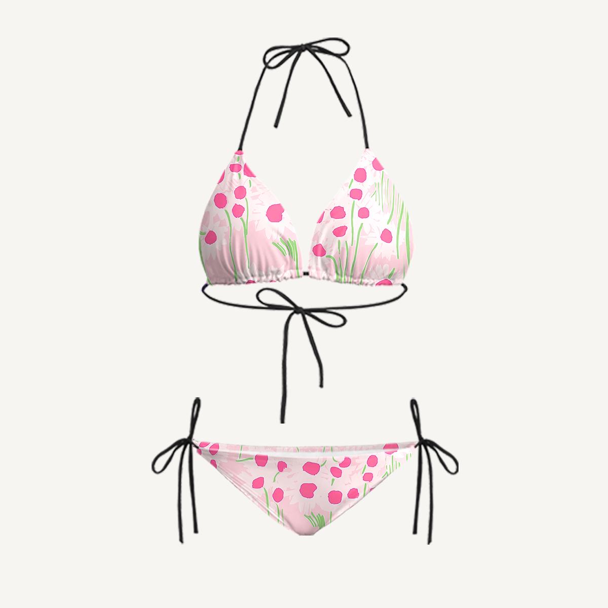 Pink Daisy Tie Side Bikini Set with Matching Pants