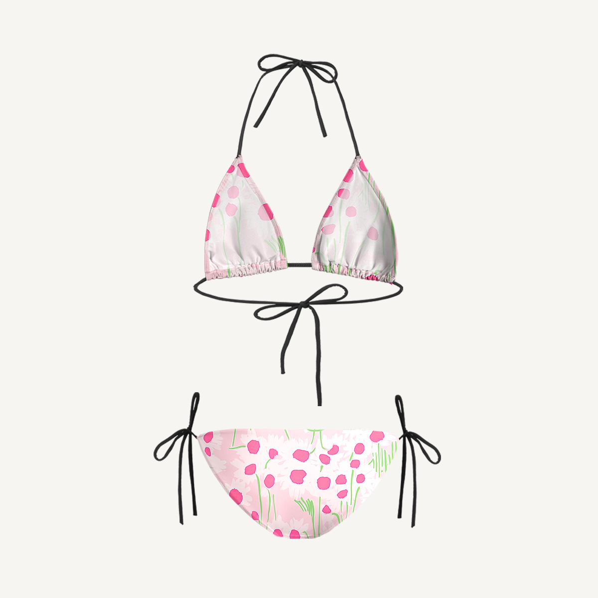 Pink Daisy Tie Side Bikini Set with Matching Pants