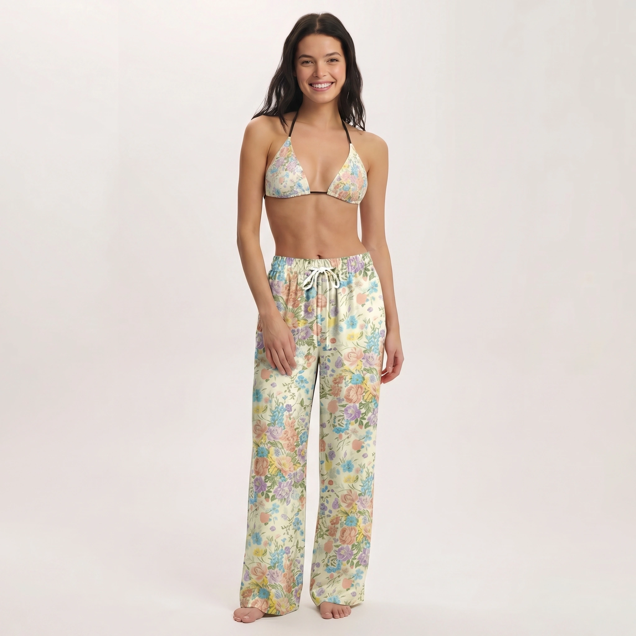 Morning Dew Bouquet Tie Side Bikini Set with Matching Pants