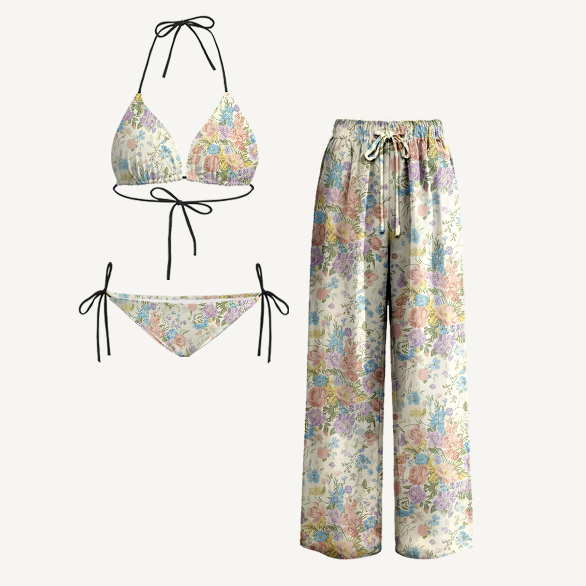 Morning Dew Bouquet Tie Side Bikini Set with Matching Pants