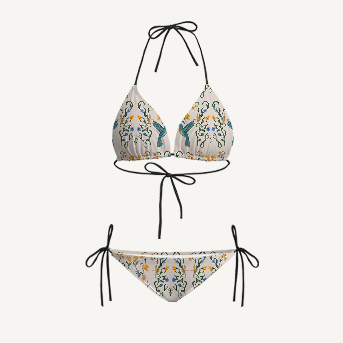 Whispering Hummingbird Tie Side Bikini Set with Matching Pants