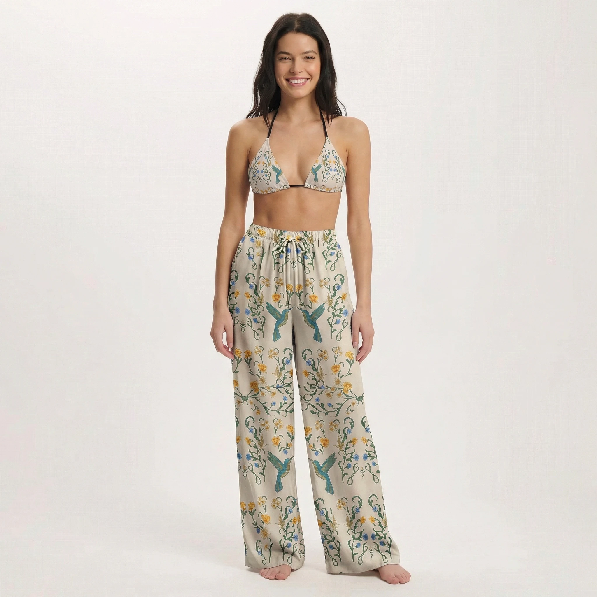 Whispering Hummingbird Tie Side Bikini Set with Matching Pants