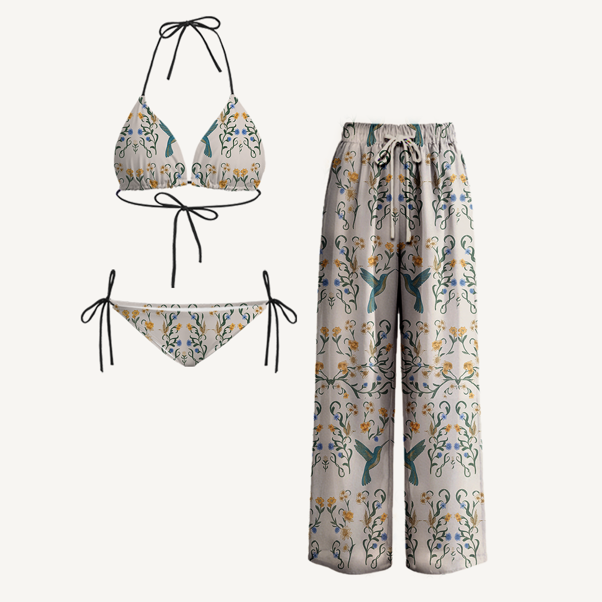 Whispering Hummingbird Tie Side Bikini Set with Matching Pants
