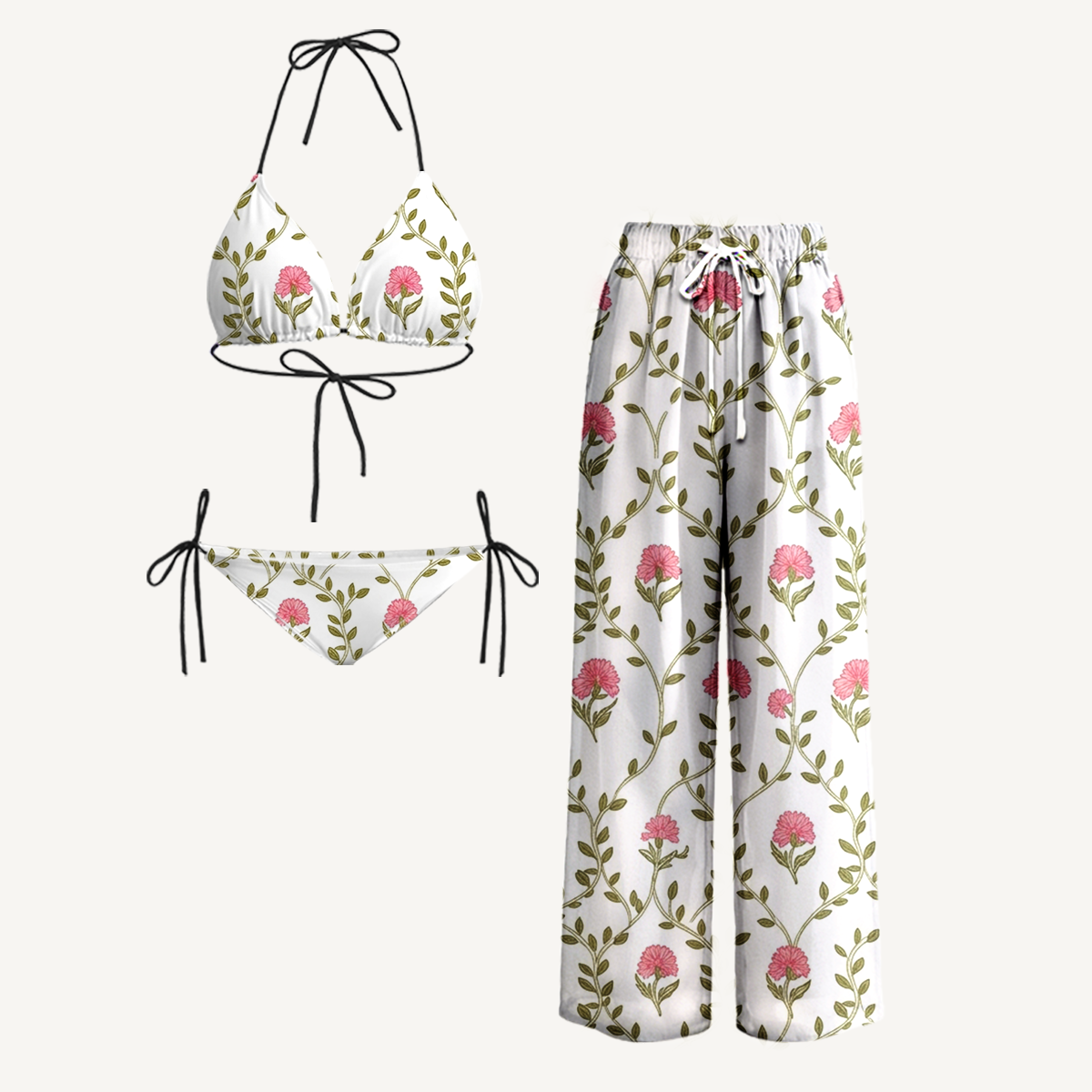 Clover Vine Whisper Tie Side Bikini Set with Matching Pants