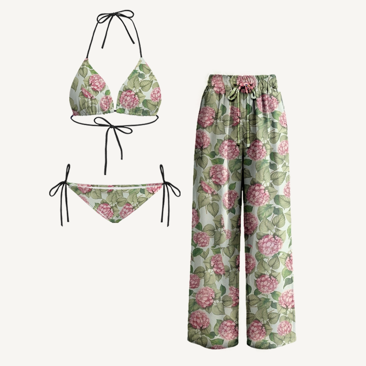 Hydrangea Whisper Tie Side Bikini Set with Matching Pants