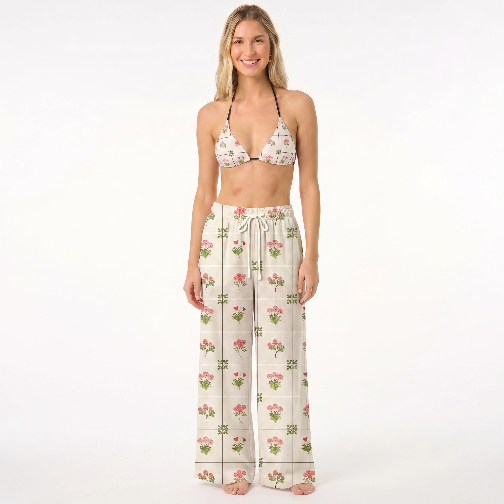 Meadow Tile Bloom Tie Side Bikini Set with Matching Pants