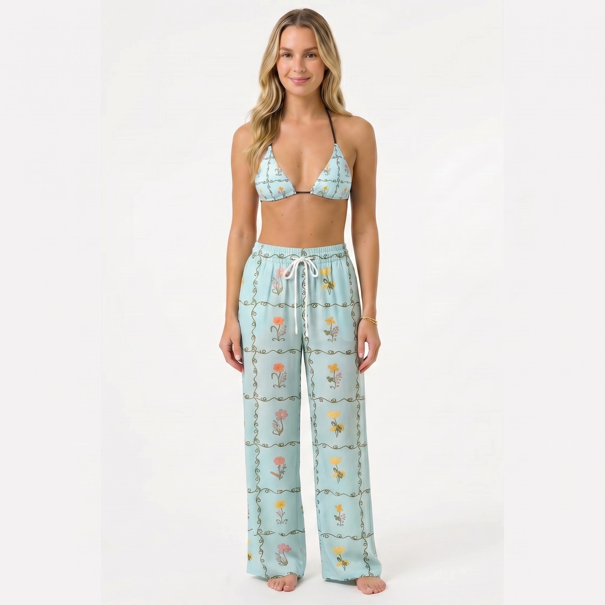 Sunny Garden Tiles Tie Side Bikini Set with Matching Pants