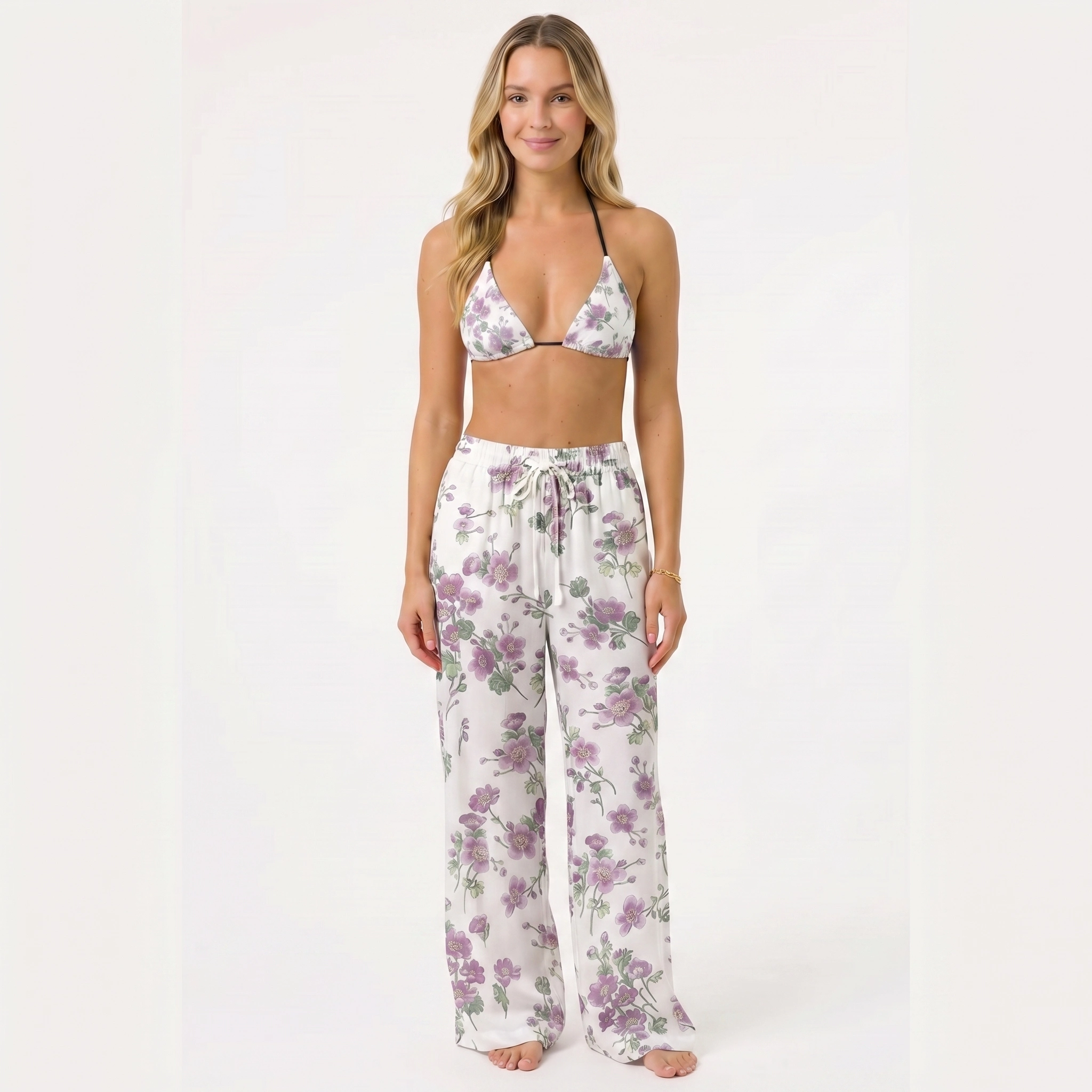 Lavender Field Whisper Tie Side Bikini Set with Matching Pants
