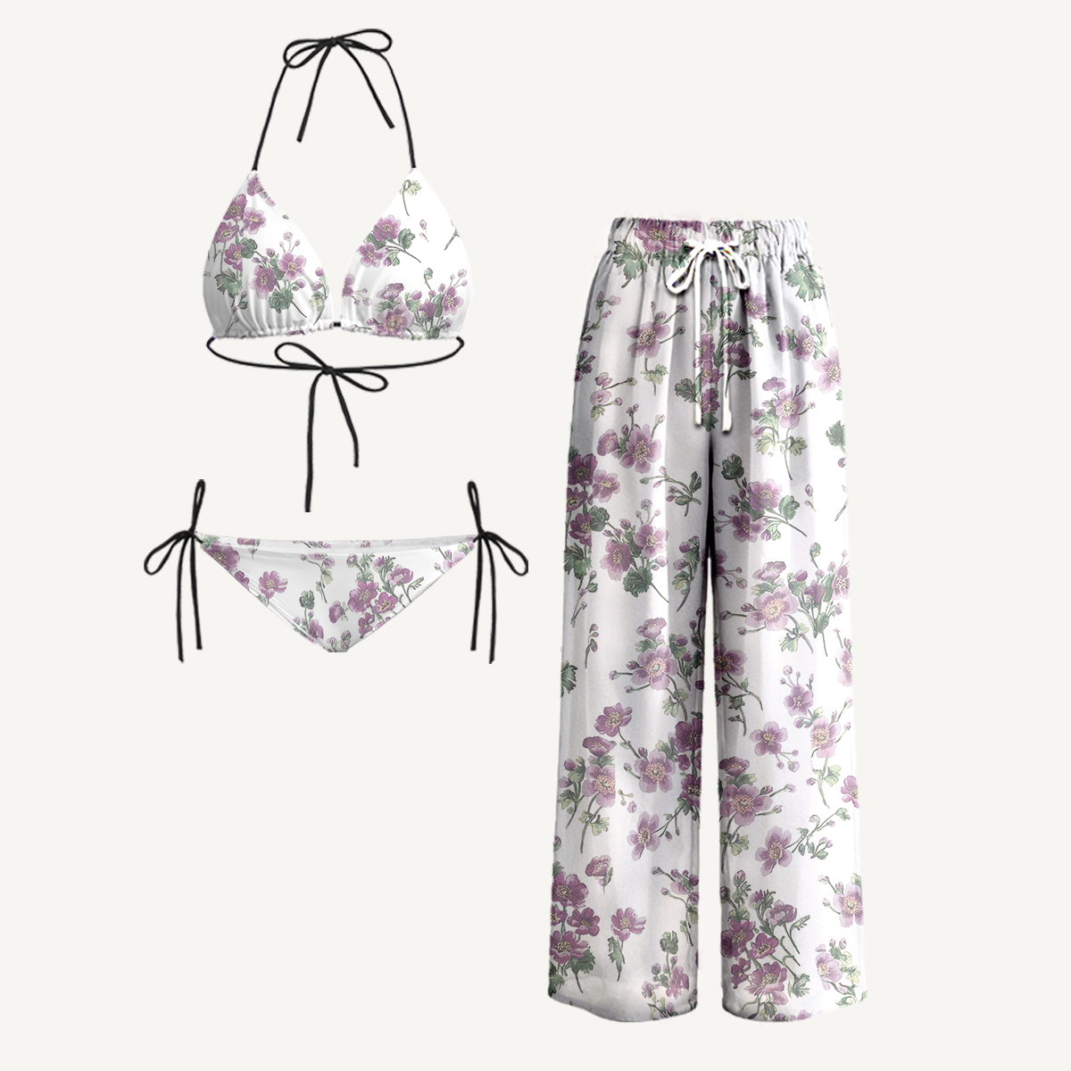 Lavender Field Whisper Tie Side Bikini Set with Matching Pants