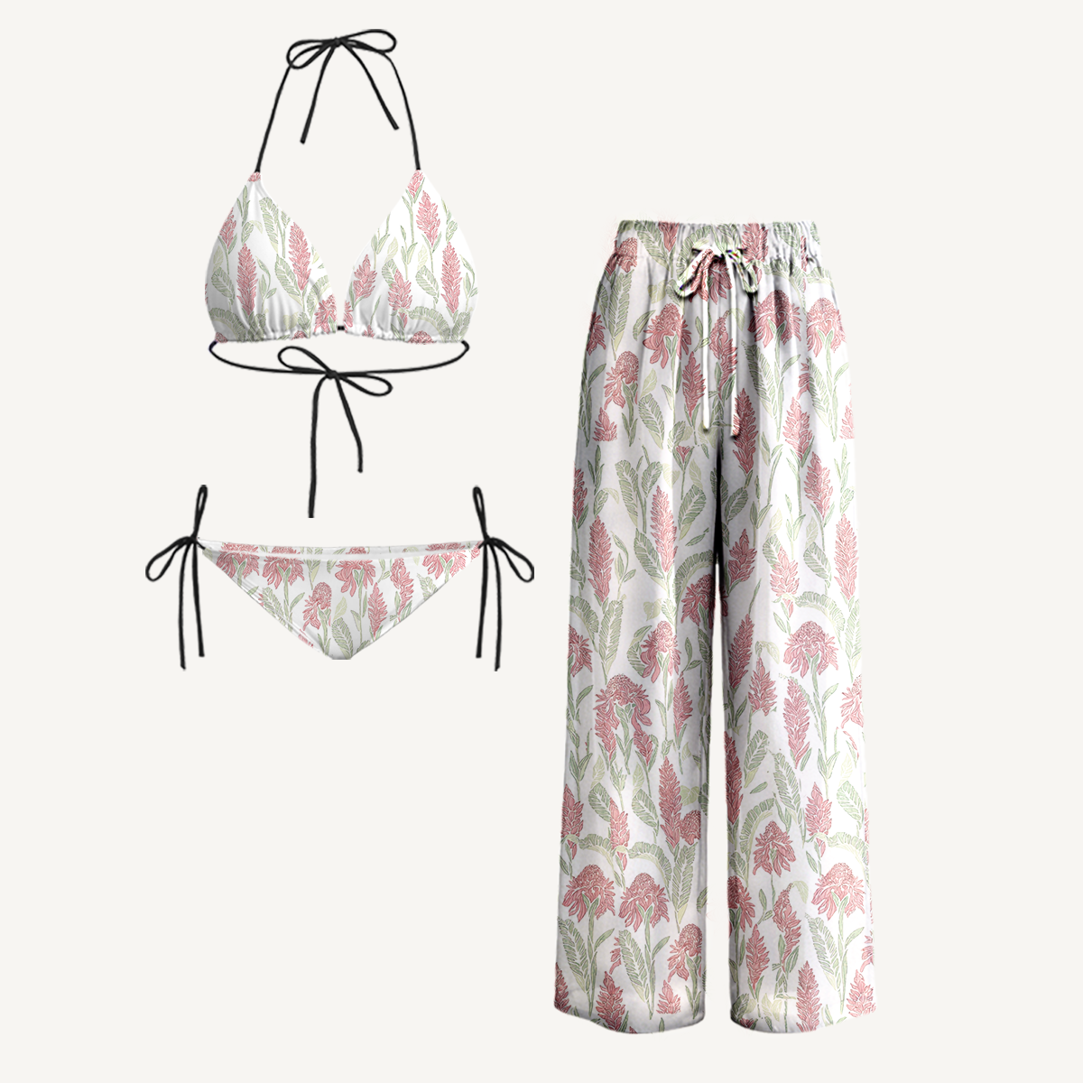 Wild Feather Whisper Tie Side Bikini Set with Matching Pants