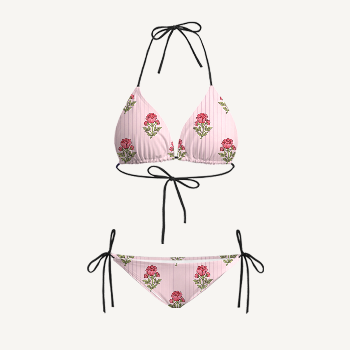 Misty Rose Garden Tie Side Bikini Set with Matching Pants