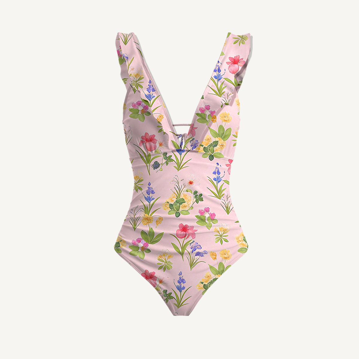 Delicate Blossom Ruffled V Neck One Piece Swimsuit and Matching Midi Skirt Set