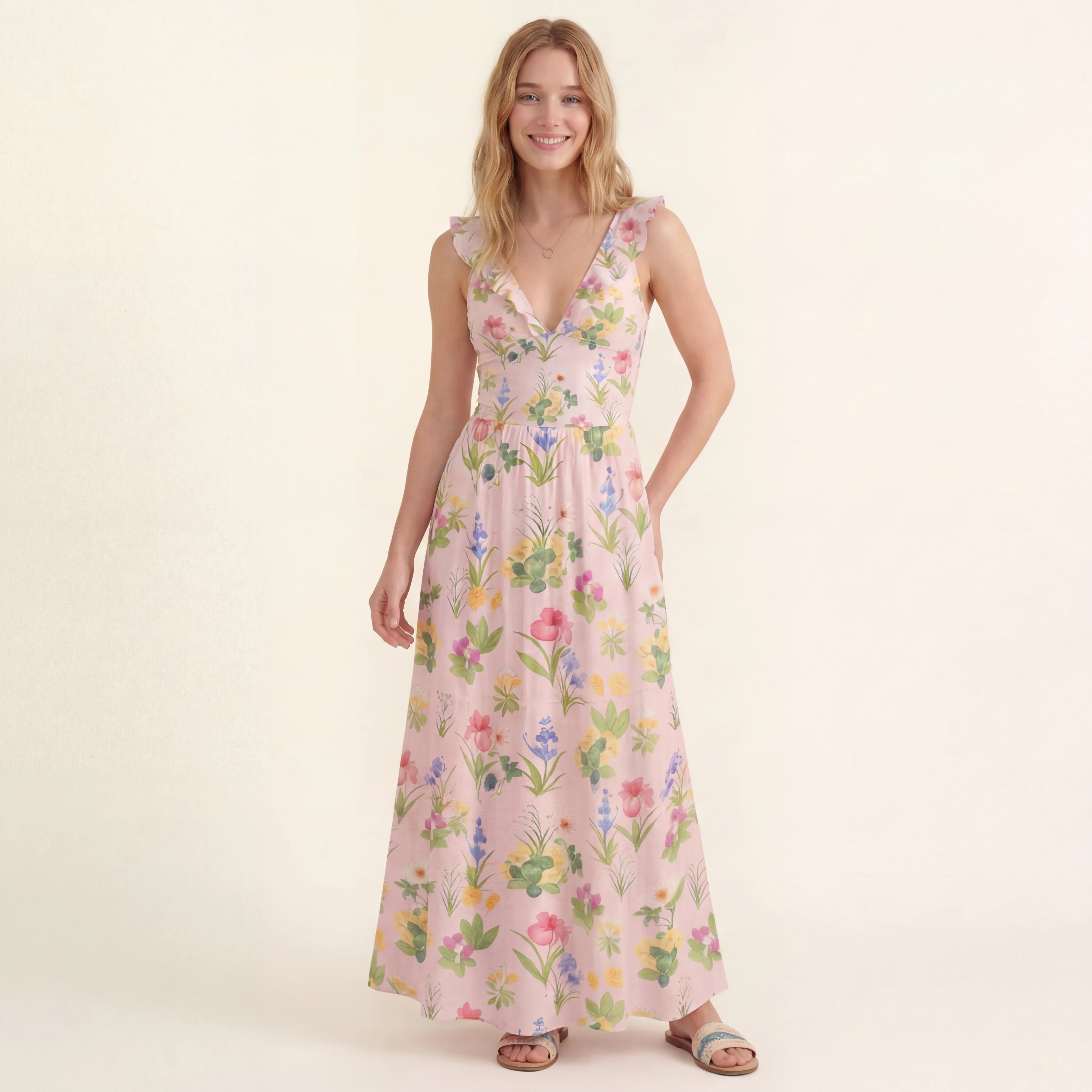 Delicate Blossom Ruffled V Neck One Piece Swimsuit and Matching Midi Skirt Set