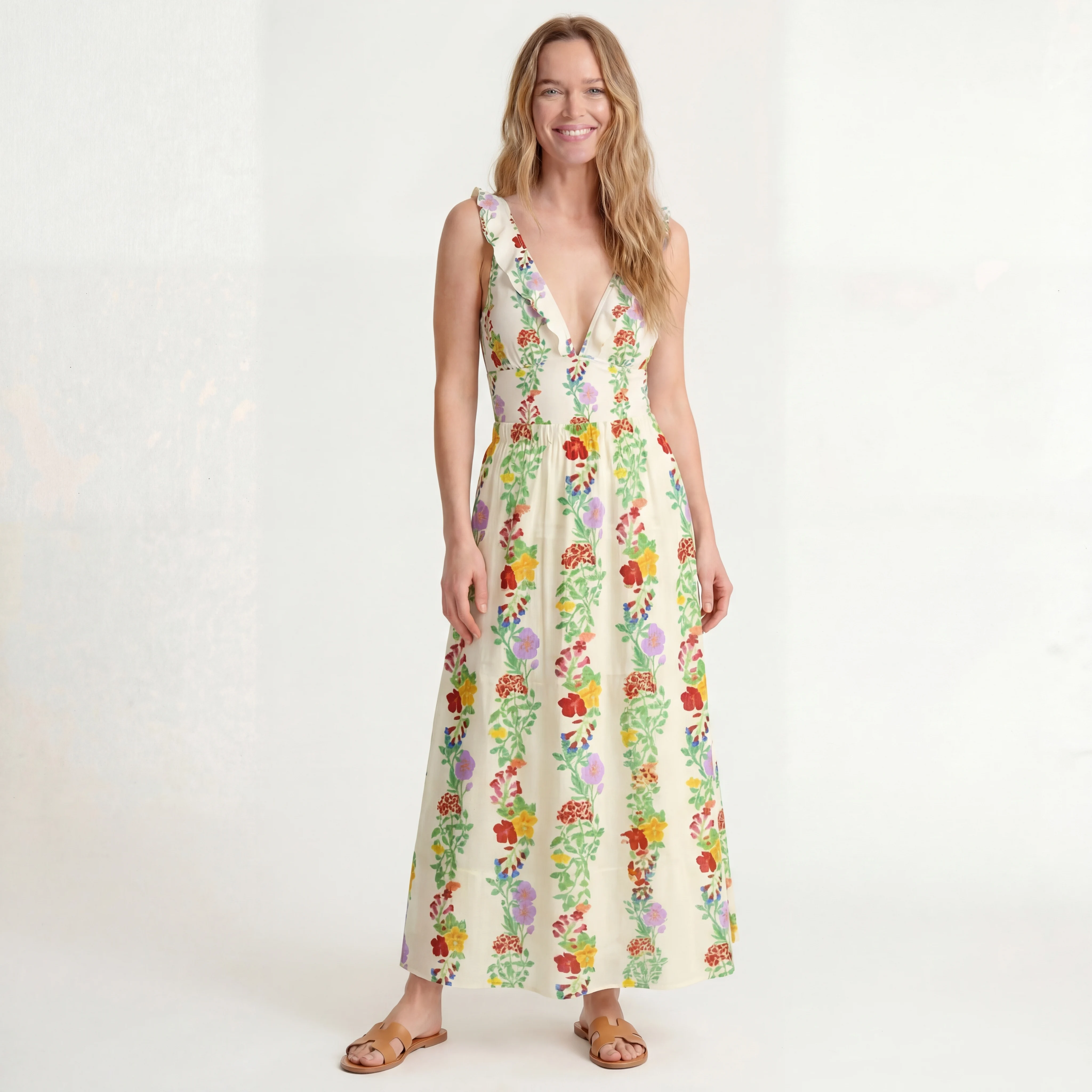 Blossom Trail Ruffled V Neck One Piece Swimsuit and Matching Midi Skirt Set