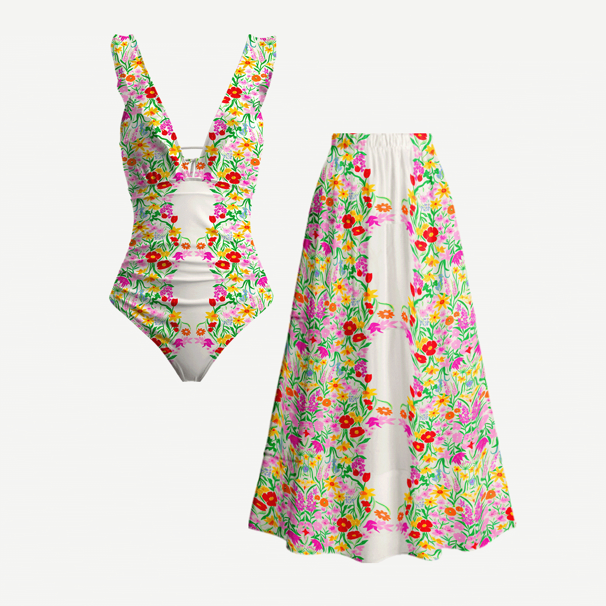 Elegant Garden Ruffled V Neck One Piece Swimsuit and Matching Midi Skirt Set