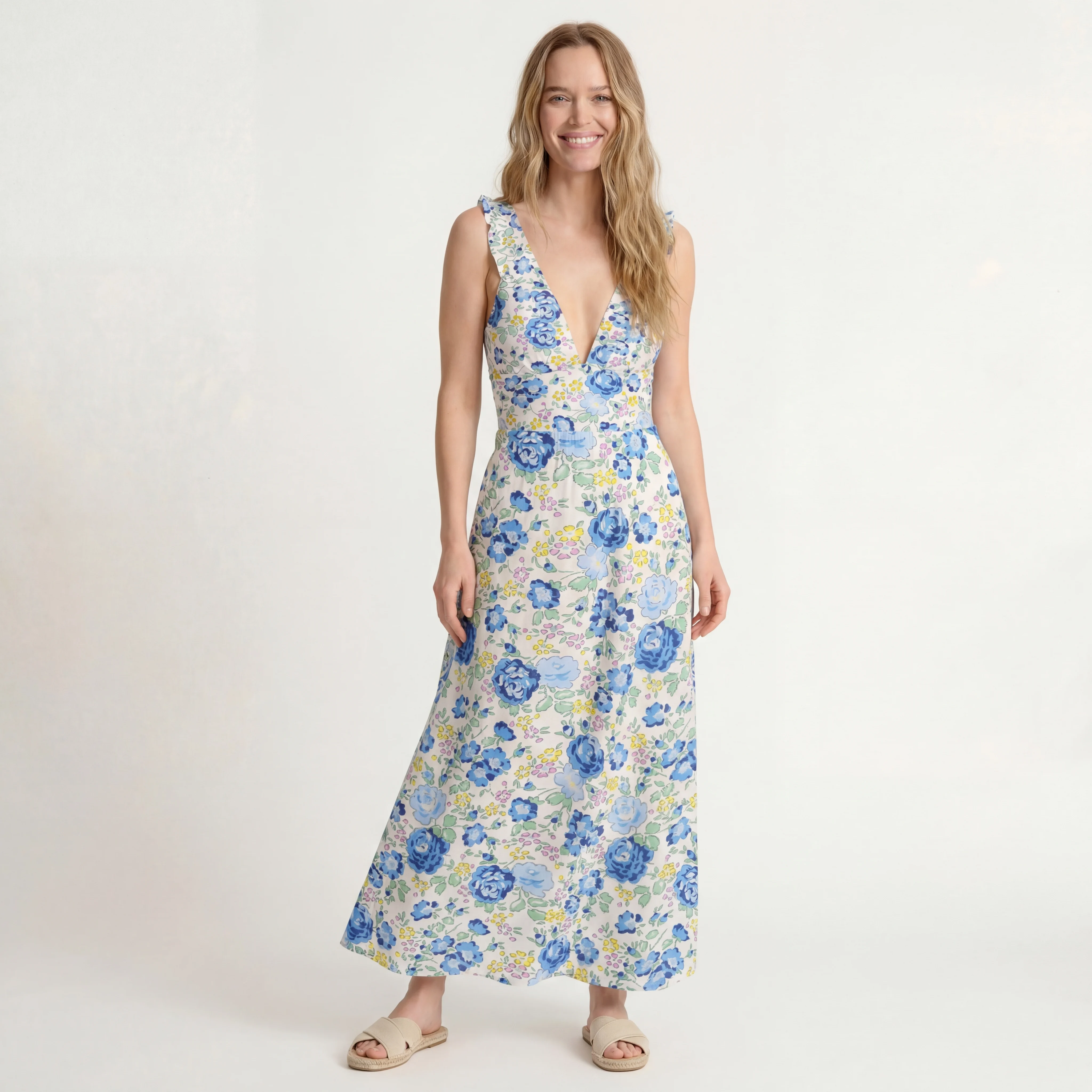 Blue Rose Floral Ruffled V Neck One Piece Swimsuit and Matching Midi Skirt Set