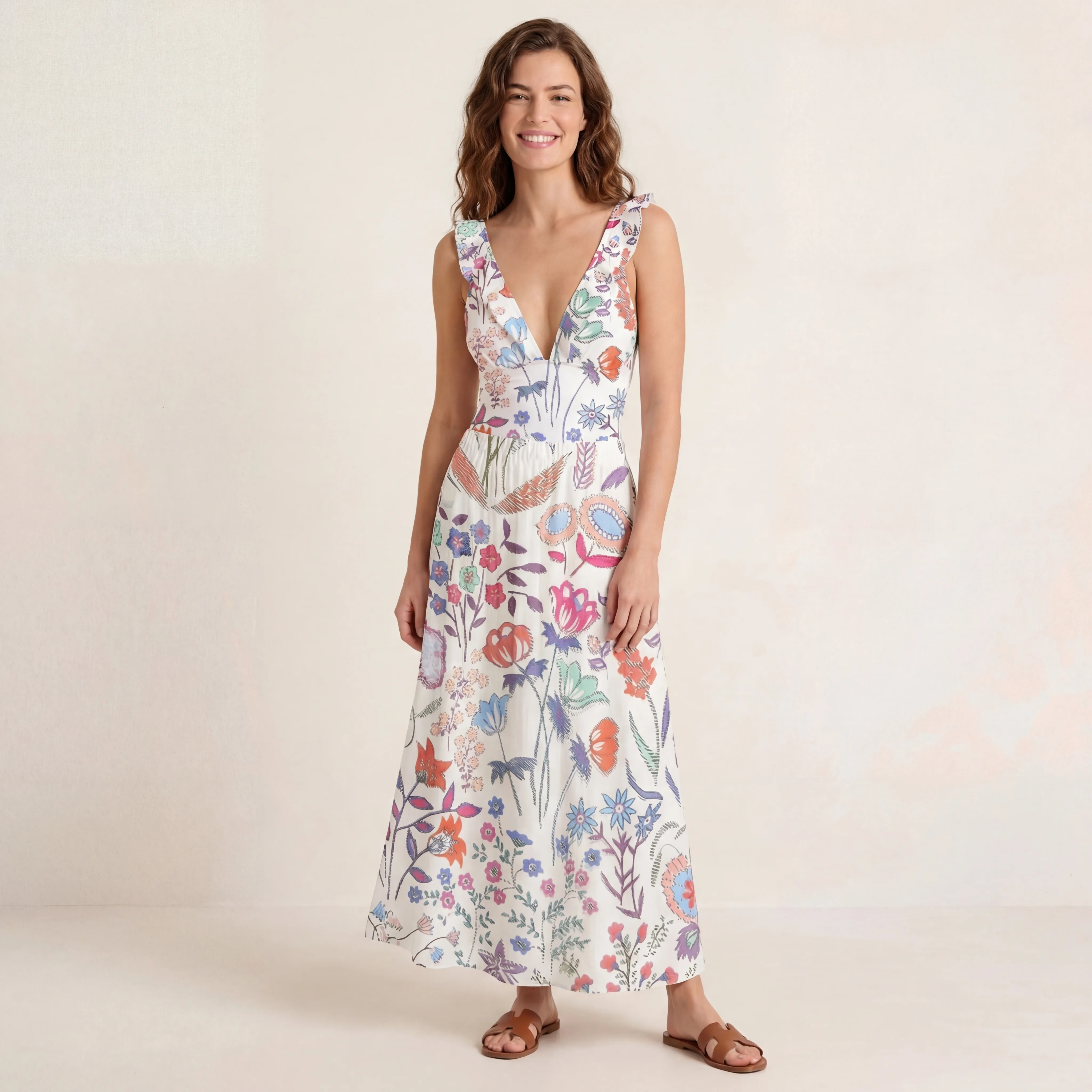 Bohemian Wildflower Garden Ruffled V Neck One Piece Swimsuit and Matching Midi Skirt Set