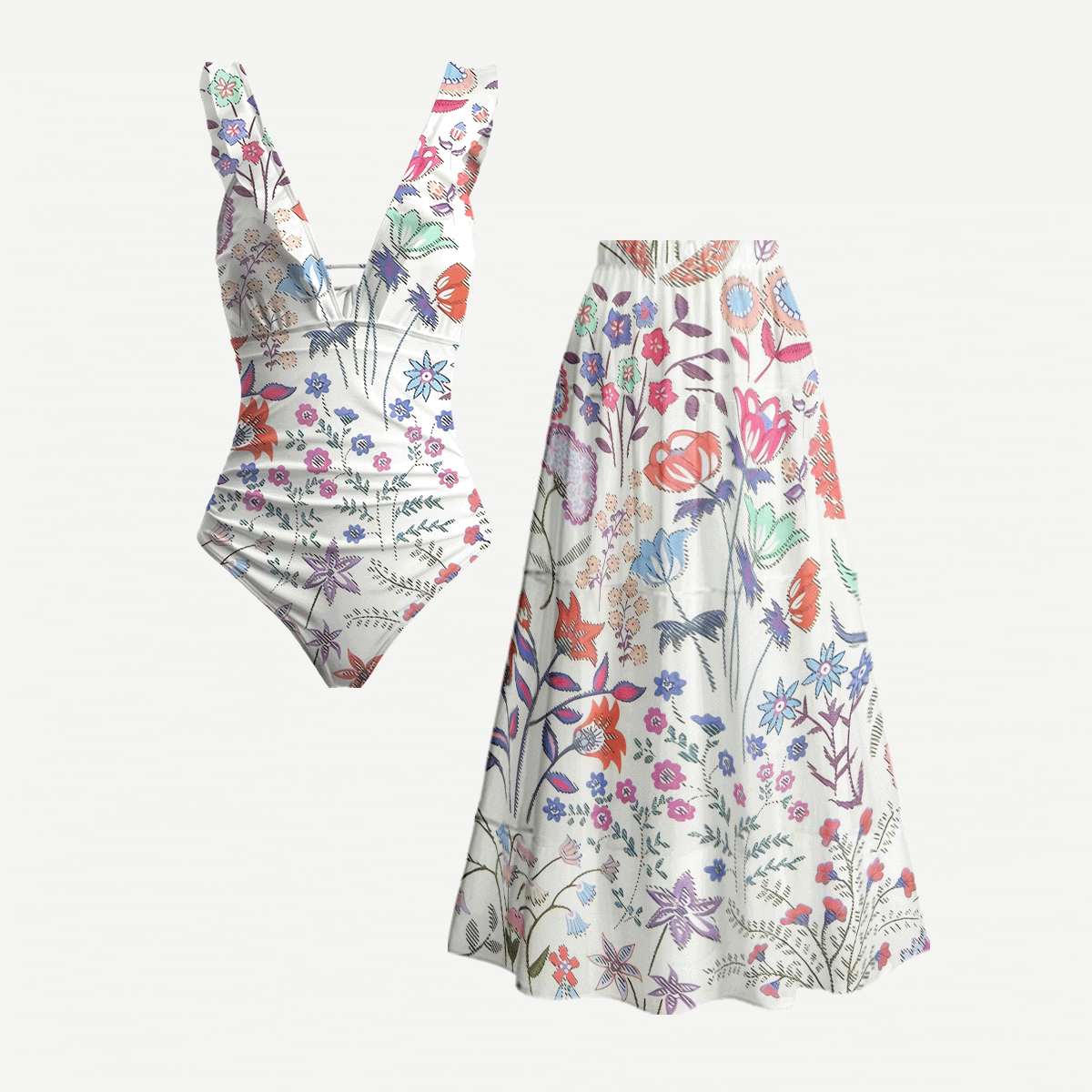 Bohemian Wildflower Garden Ruffled V Neck One Piece Swimsuit and Matching Midi Skirt Set